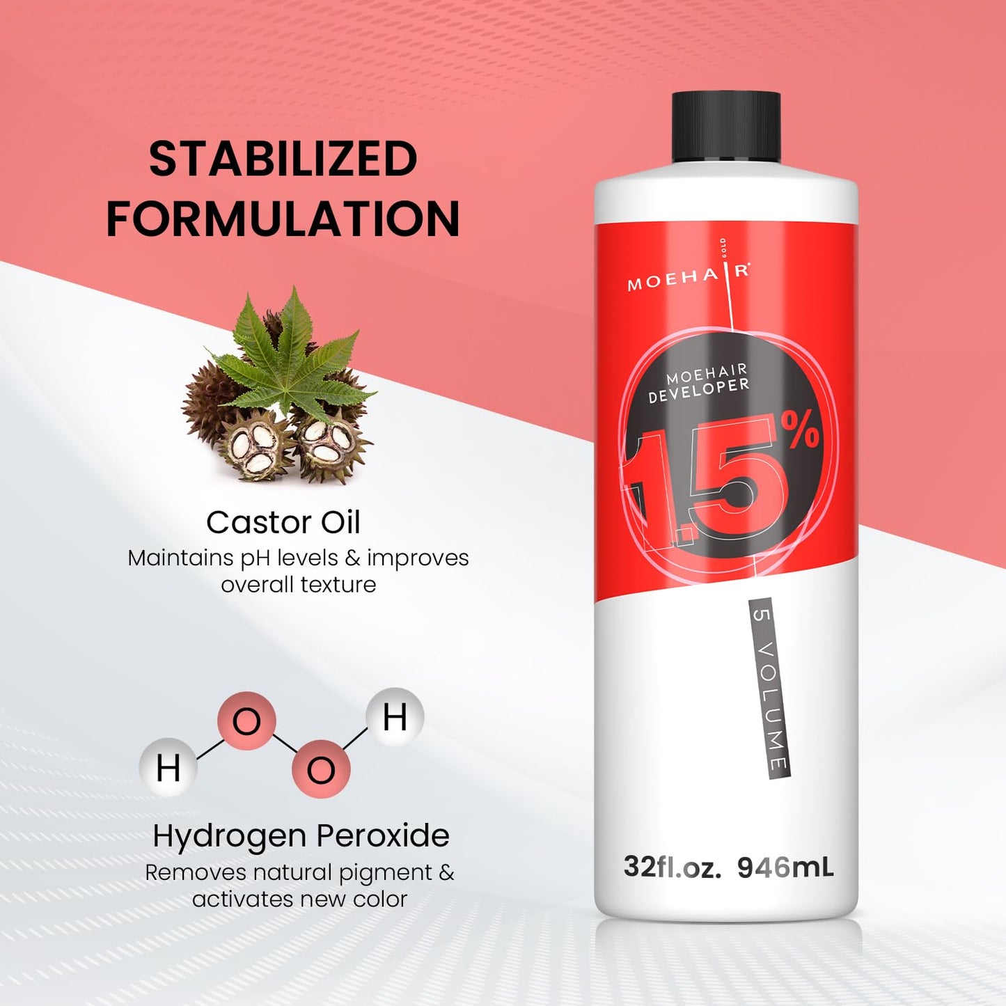 MOEHAIR 5 Volume Hair Color Developer 1.5% Hydrogen Peroxide | Professional Creme Developer for Coloring & Bleaching | Paraben-Free, Peach Scent, 32 Fl Oz
