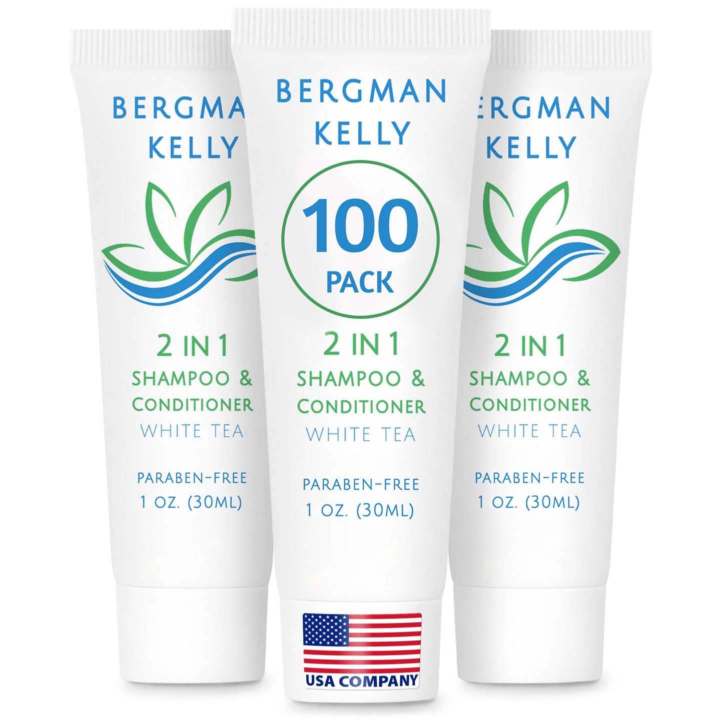 BERGMAN KELLY Travel Size 2-in-1 Shampoo & Conditioner, White Tea Scent – 1 fl oz, 100 Pack – Refreshing Hotel Toiletries & Guest Amenities