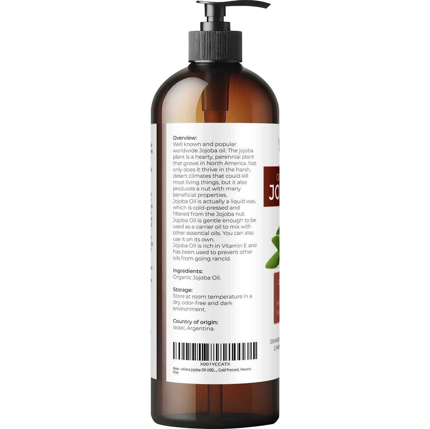 Velona Jojoba Oil 16 fl oz with Pump - 100% Pure Organic, Cold-Pressed, Hexane-Free, Unrefined Golden Oil for Face, Hair & Body Care