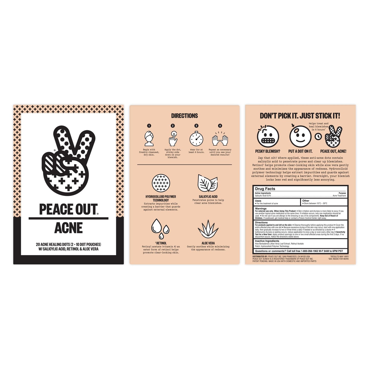 PEACE OUT Acne Day & Night Duo – Sheer Hydrocolloid Pimple Patches with Salicylic Acid, Retinol & Aloe Vera, 20 Dots for Fast Blemish Relief
