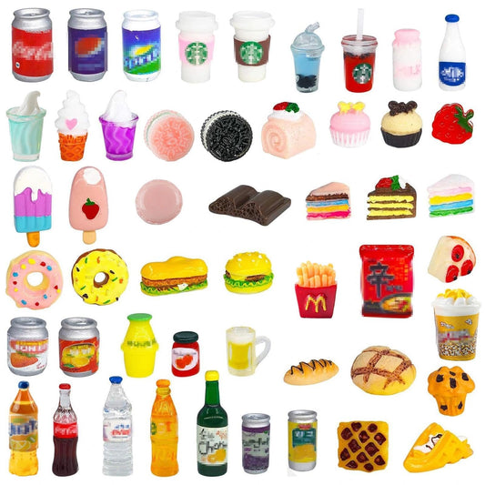 50 Pcs Miniature Food & Drink Bottles for 1/12 Dollhouse – Soda, Snacks, Cake, Ice Cream, Pretend Play Kitchen Toys (25 Food + 25 Drink)