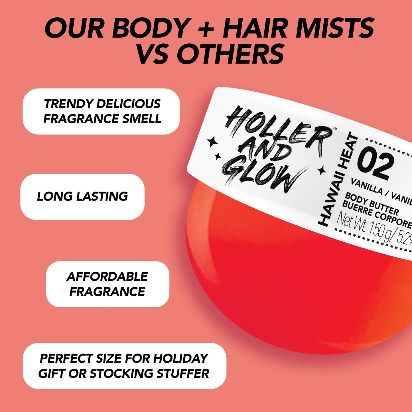 HOLLER AND GLOW Hawaii Heat Vanilla Body Butter – Moisturizing & Nourishing Lotion for Extremely Dry Skin, Shea Butter, Peony & Amber, 5.29oz