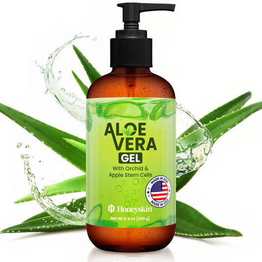 Honeyskin Soothing Aloe Vera Gel, Made in USA - Natural Relief for Sunburn & Dry Skin, Hydrating Summer Skincare, 8 Fl Oz