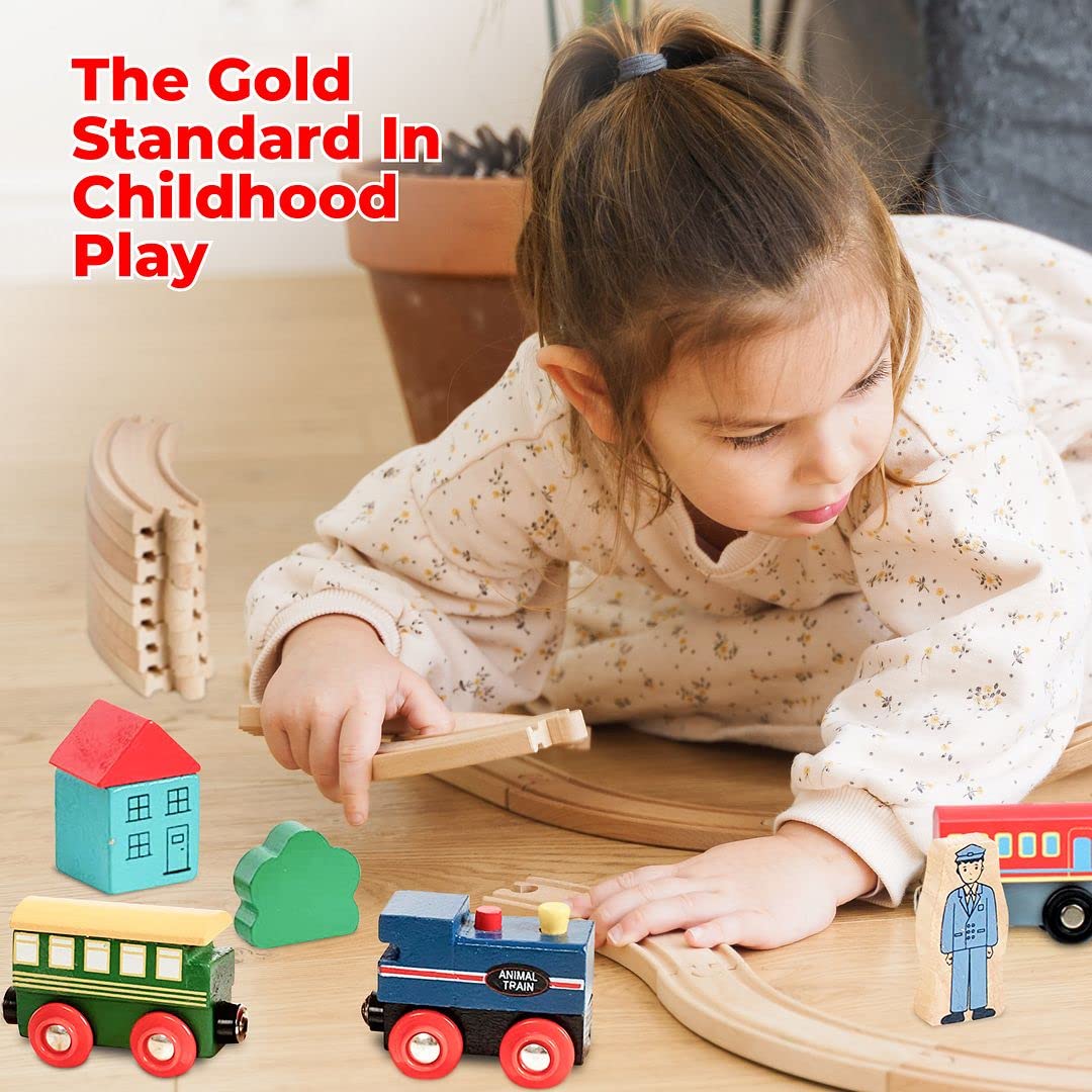 On Track USA 35-Piece Wooden Train Set with Magnetic Trains, Tracks & Accessories in Clear Container, Compatible with Major Brands