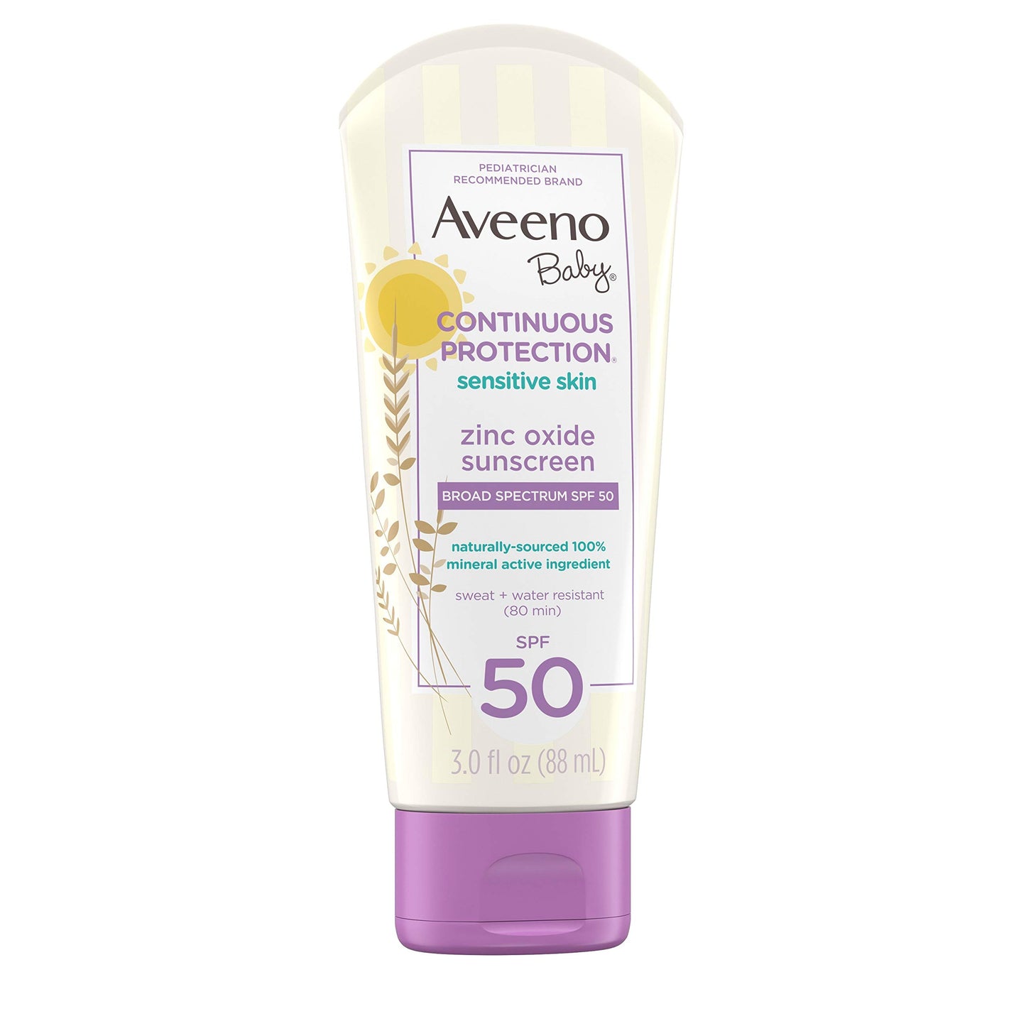 Aveeno Baby Zinc Oxide Mineral Sunscreen Lotion SPF 50 – Sensitive Skin, Tear-Free, Water & Sweat Resistant, Travel Size 3 fl oz