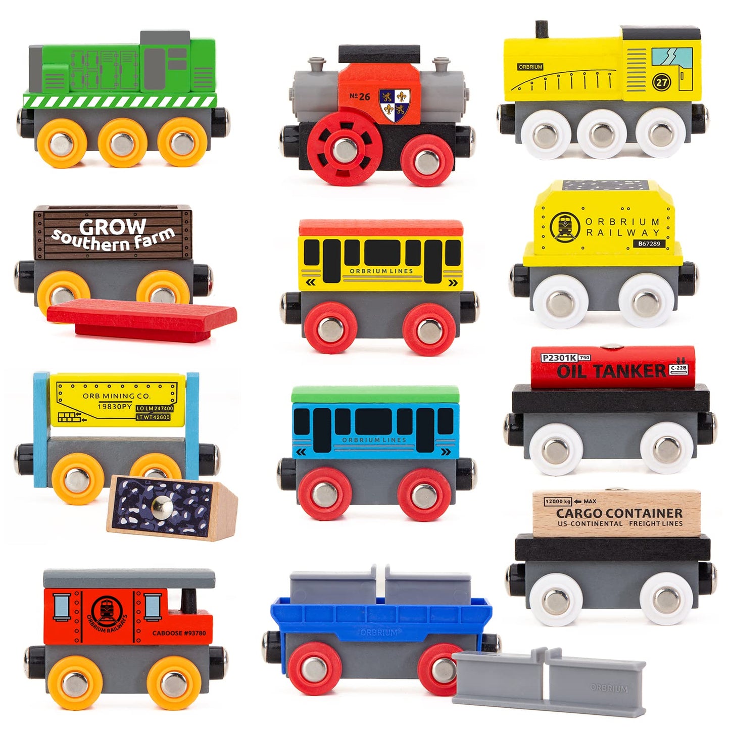 ORBRIUM Wooden Train Cars Gift Set with Storage Box & Tunnel – Compatible with Thomas & Friends, Brio, IKEA, Imaginarium, Melissa & Doug, Ages 3-7