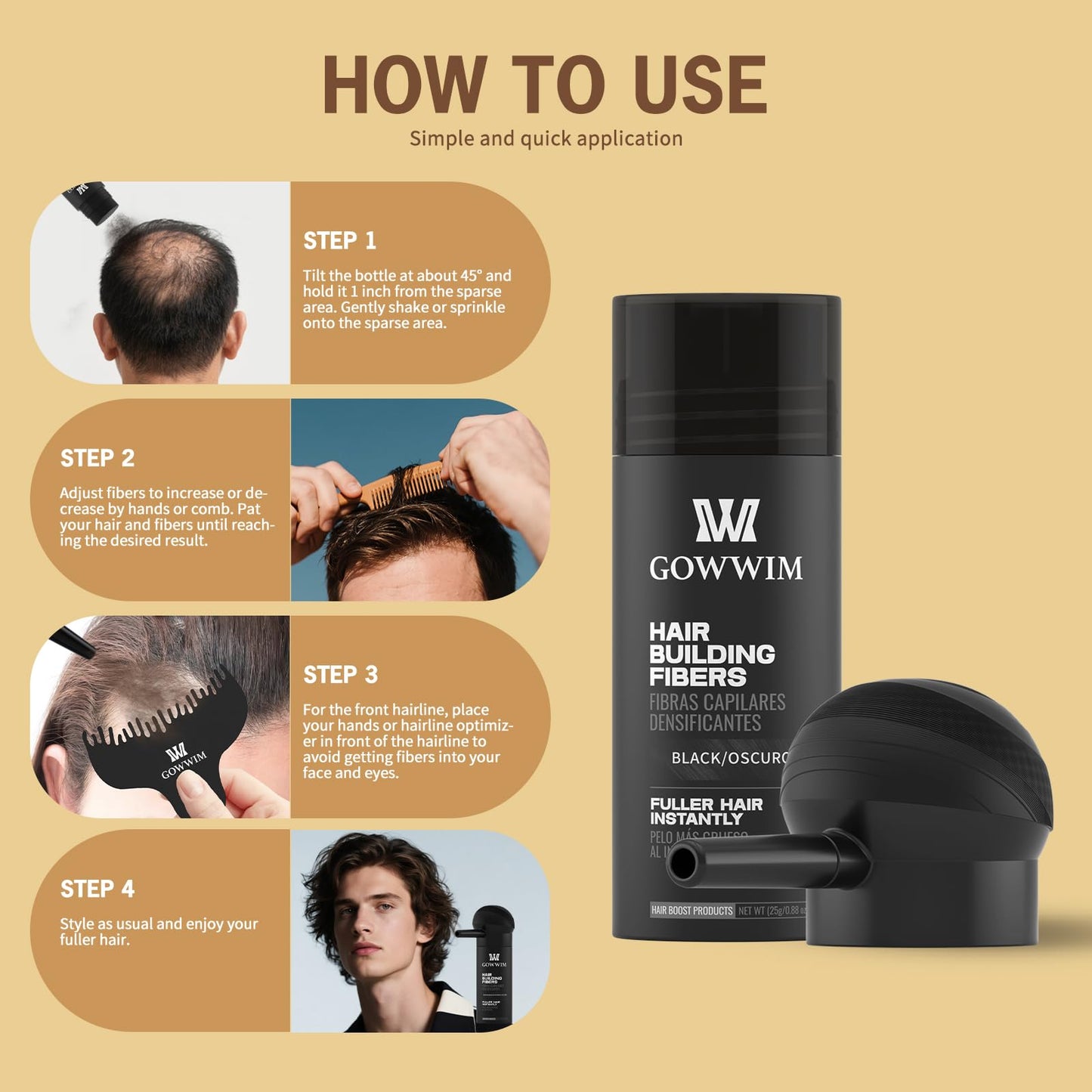 gowwim Hair Thickening Fibers 2-in-1 Kit Keratin Building Fibers, Spray Applicator & Hold Spray - Instantly Volumize Sparse Areas (Black)