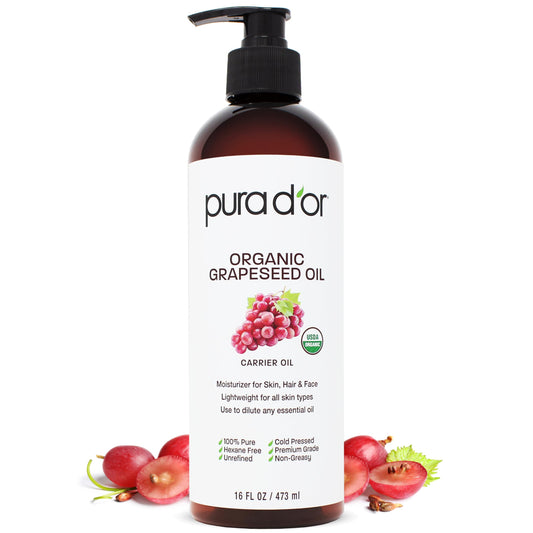PURA D'OR Organic Grapeseed Oil 16oz – 100% Pure, Cold Pressed, USDA Certified Carrier Oil for Face, Skin & Hair – Light, Unscented, Hexane-Free Moisturizer