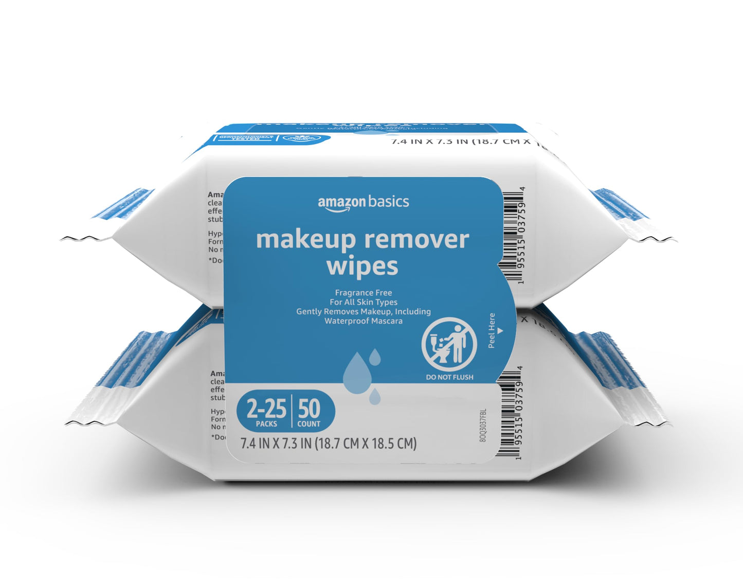 Amazon Basics Makeup Remover Wipes, Fragrance & Alcohol-Free, Gentle Cleansing, Removes Waterproof Mascara, 25 Count, 2-Pack