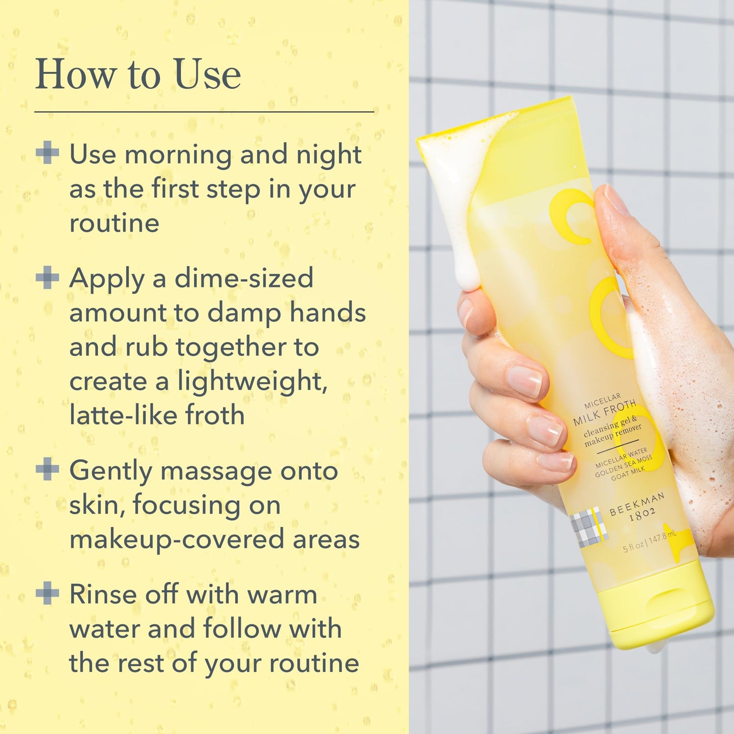 Beekman 1802 Micellar Milk Froth Gel to Foam Cleanser – 2-in-1 Makeup Remover & Cleanser with Goat Milk & Sea Moss, Fragrance-Free, 5 fl. oz