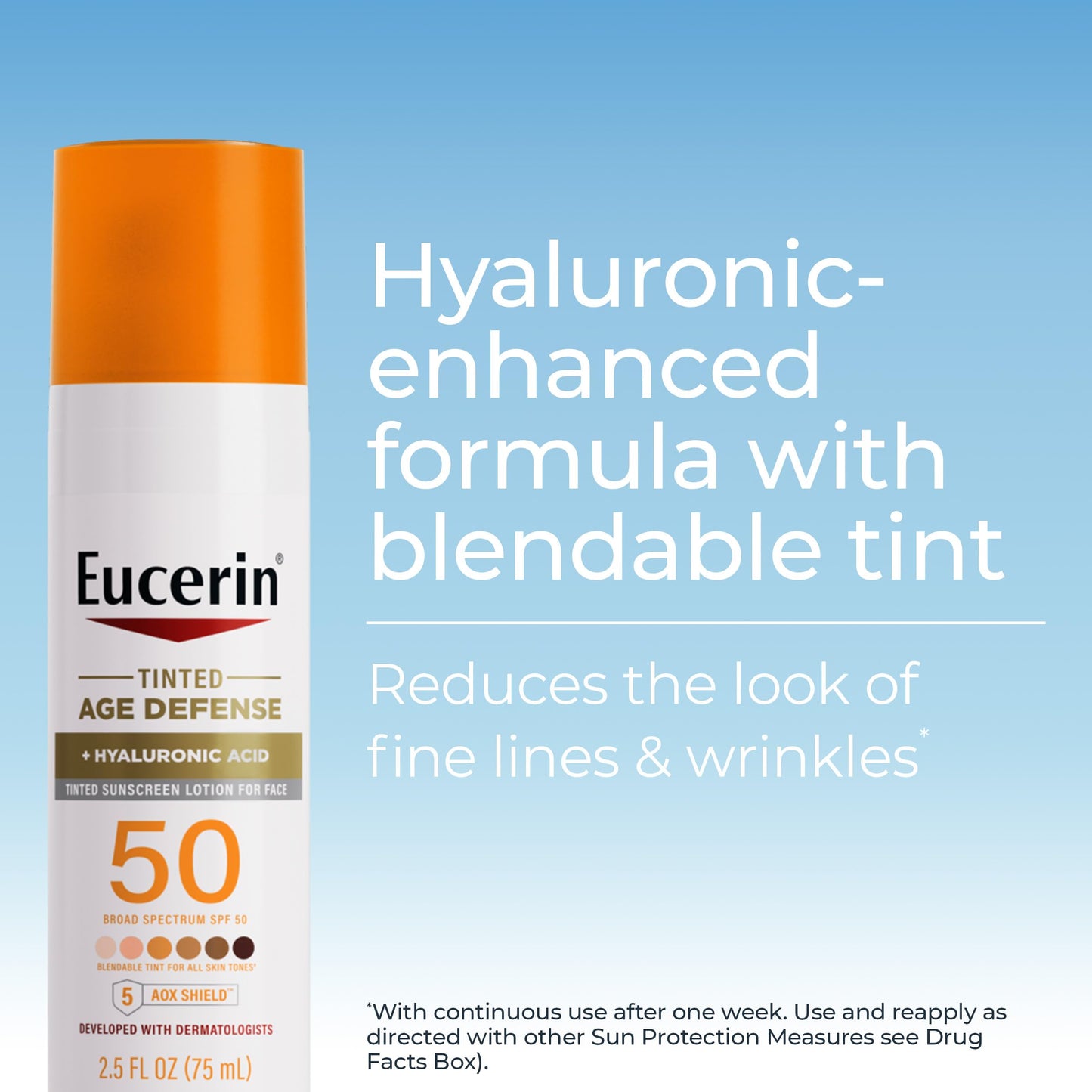 Eucerin Sun Tinted Age Defense Face Sunscreen SPF 50 with Hyaluronic Acid – Blendable Tint for All Skin Tones, Non-Comedogenic, 2.5 fl oz