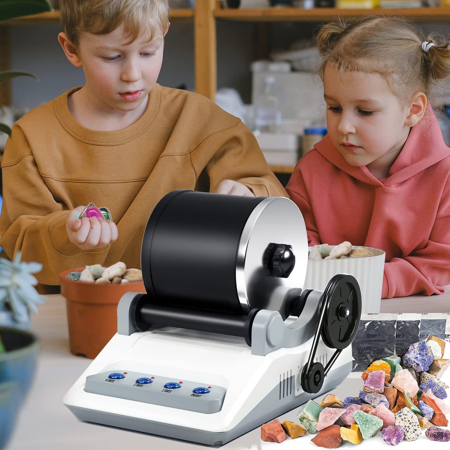 Zcvtbye Rock Tumbler Kit,Rock Polisher for Kids & Adults,Includes 2 Belts,Bag of Rough Stones,4 Coarse Grinding,Finely Ground,Polishing Grits