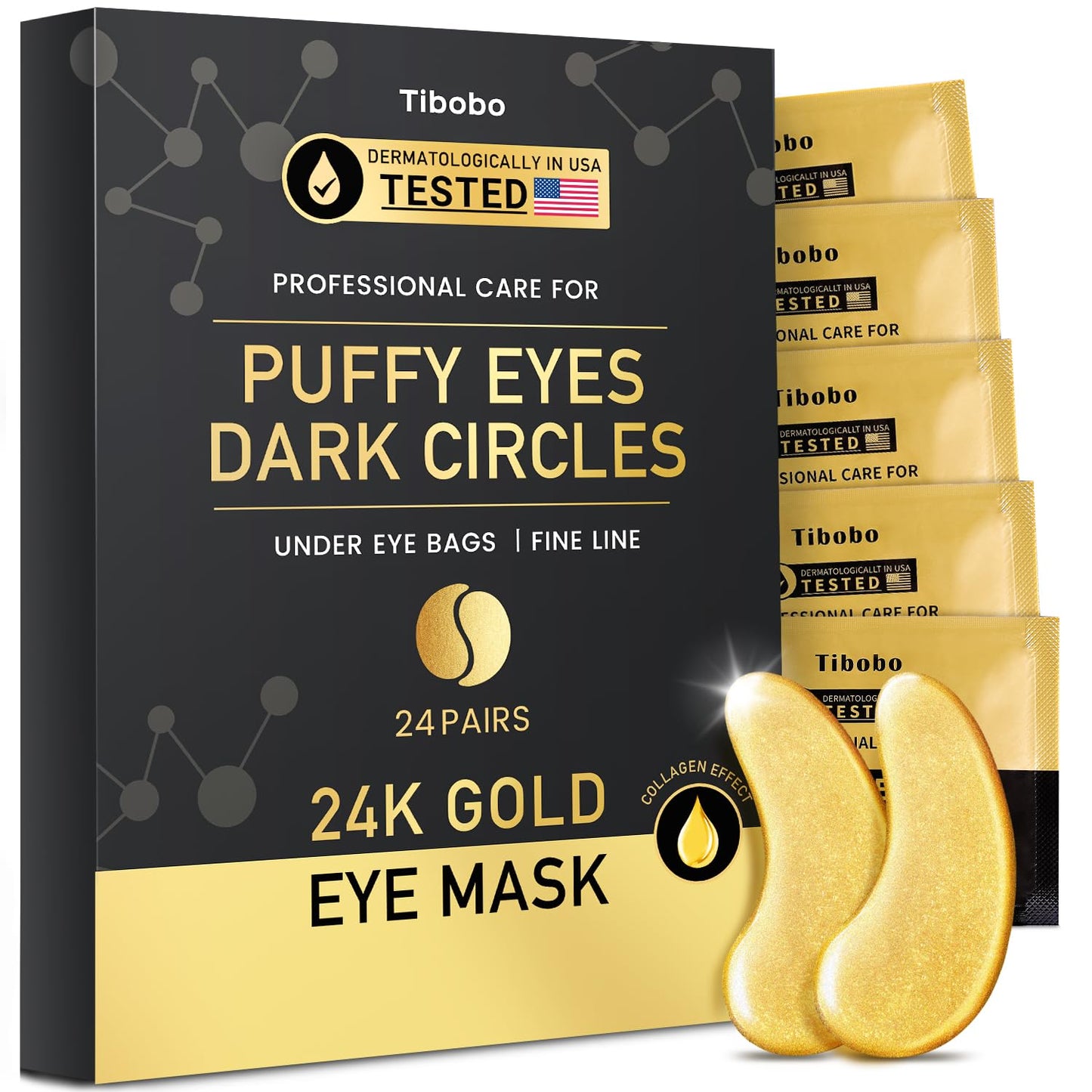 Tibobo 24K Gold Under Eye Patches (24 Pairs) – Collagen Eye Masks for Dark Circles, Puffiness, Fine Lines, Anti-Aging & Nourishing