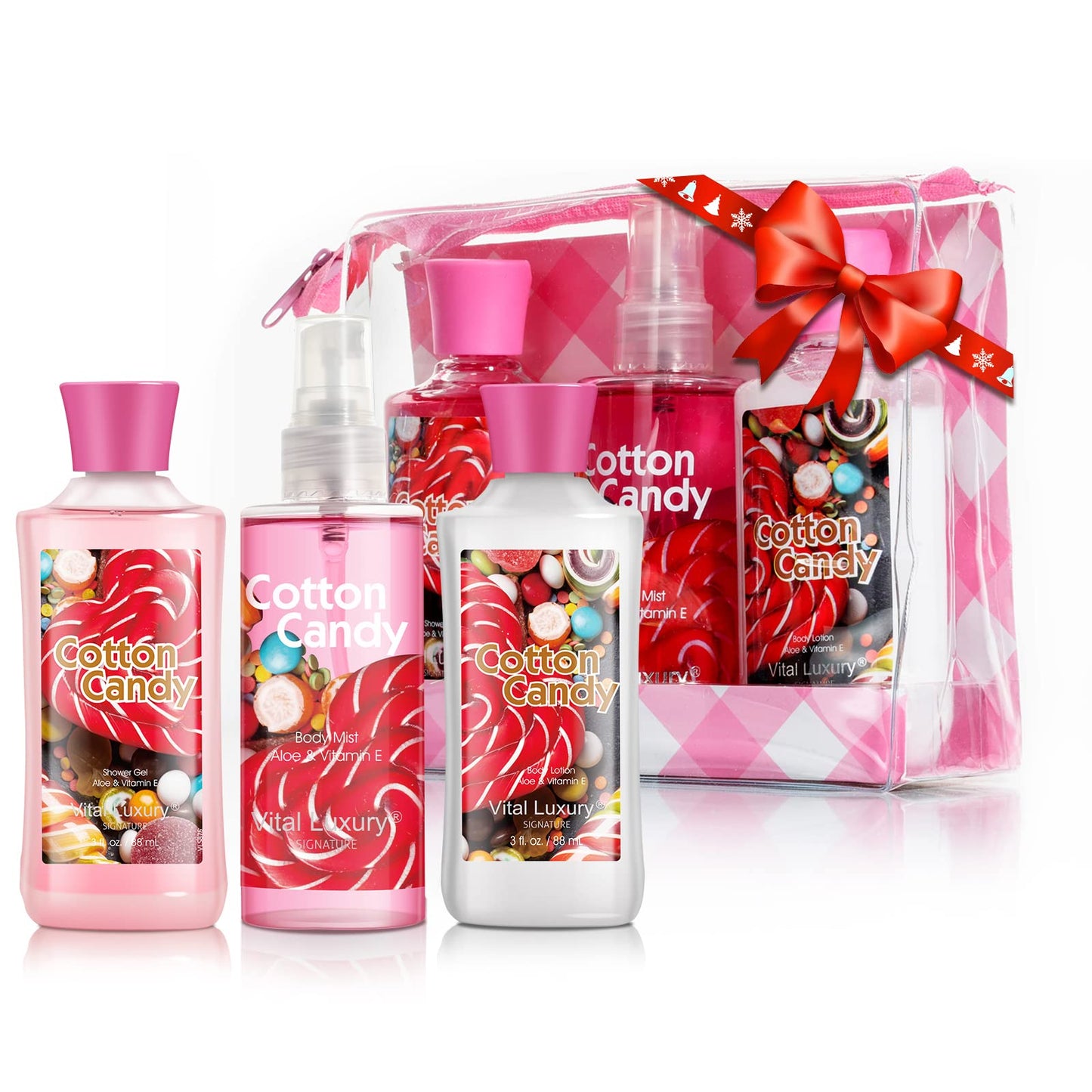 Vital Luxury Cotton Candy Bath & Body Travel Set – Lotion, Shower Gel & Fragrance Mist, Spa Gift for Women, Birthday, Mom & Valentine’s Day