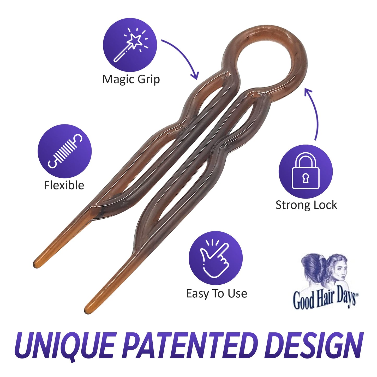 Good Hair Days 2.5" Magic Grip Hair Pins – Durable U-Shaped Plastic Pins for Fine, Thick & Long Hair – Tortoise Shell, Set of 10