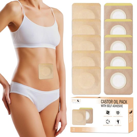 STFOCE 10pcs Disposable Castor Oil Pack Wraps – Organic Cotton, Self-Adhesive, Highly Absorbent, No Leak, Portable, Khaki