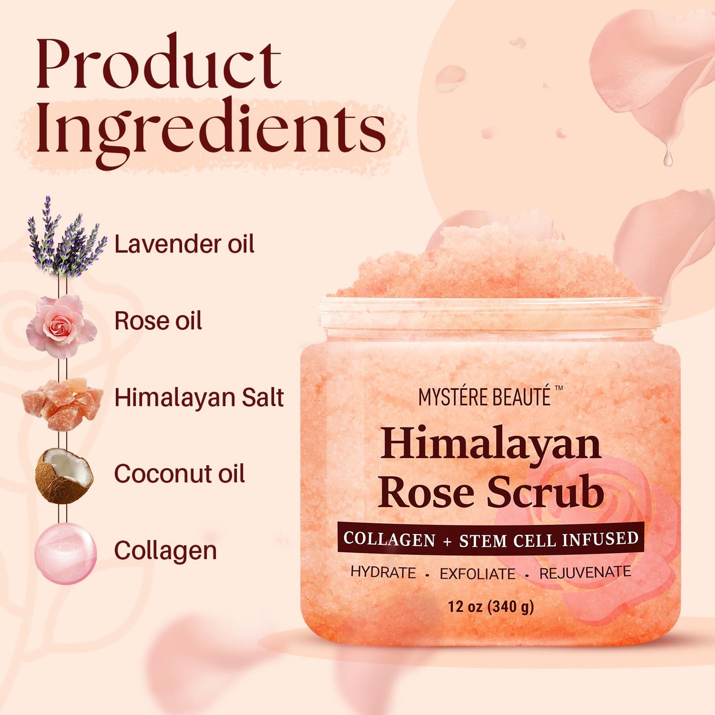 MYSTÉRE BEAUTÉ Himalayan Salt Body Scrub 12oz with Collagen & Stem Cells – Exfoliating, Moisturizing, Fights Cellulite, Acne, Wrinkles