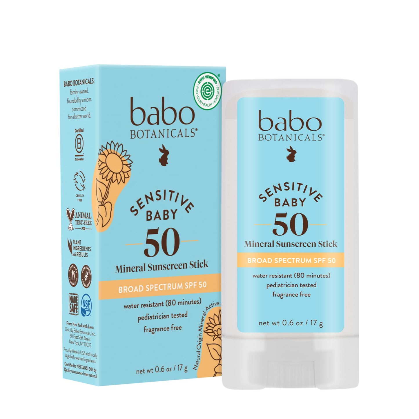Babo Botanicals Baby Mineral Sunscreen Stick SPF 50, Zinc Oxide, 70% Organic, Fragrance-Free, Water Resistant, EWG & MADE SAFE Certified