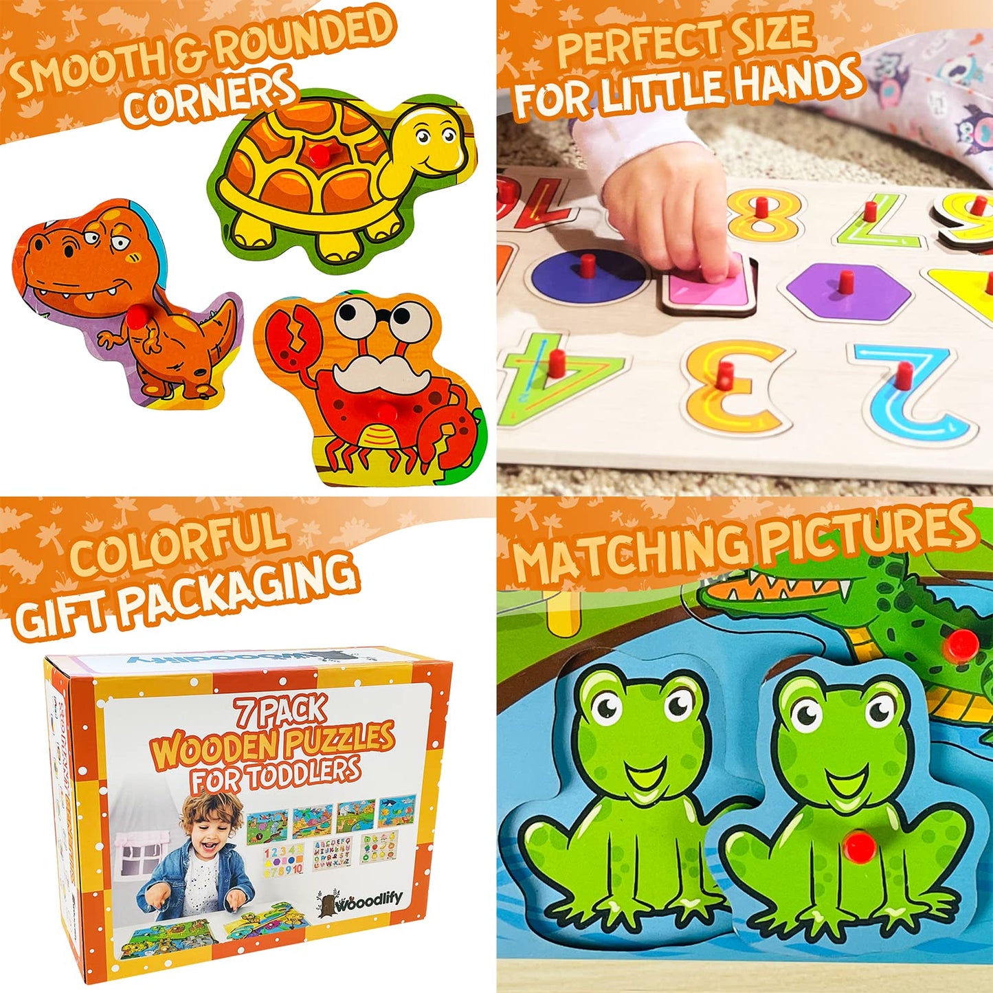 7-Pack Wooden Puzzles for Toddlers Ages 2-5 – Colorful Chunky Peg Puzzles with Alphabet, Numbers, Animals & Shapes, Educational Learning Toys