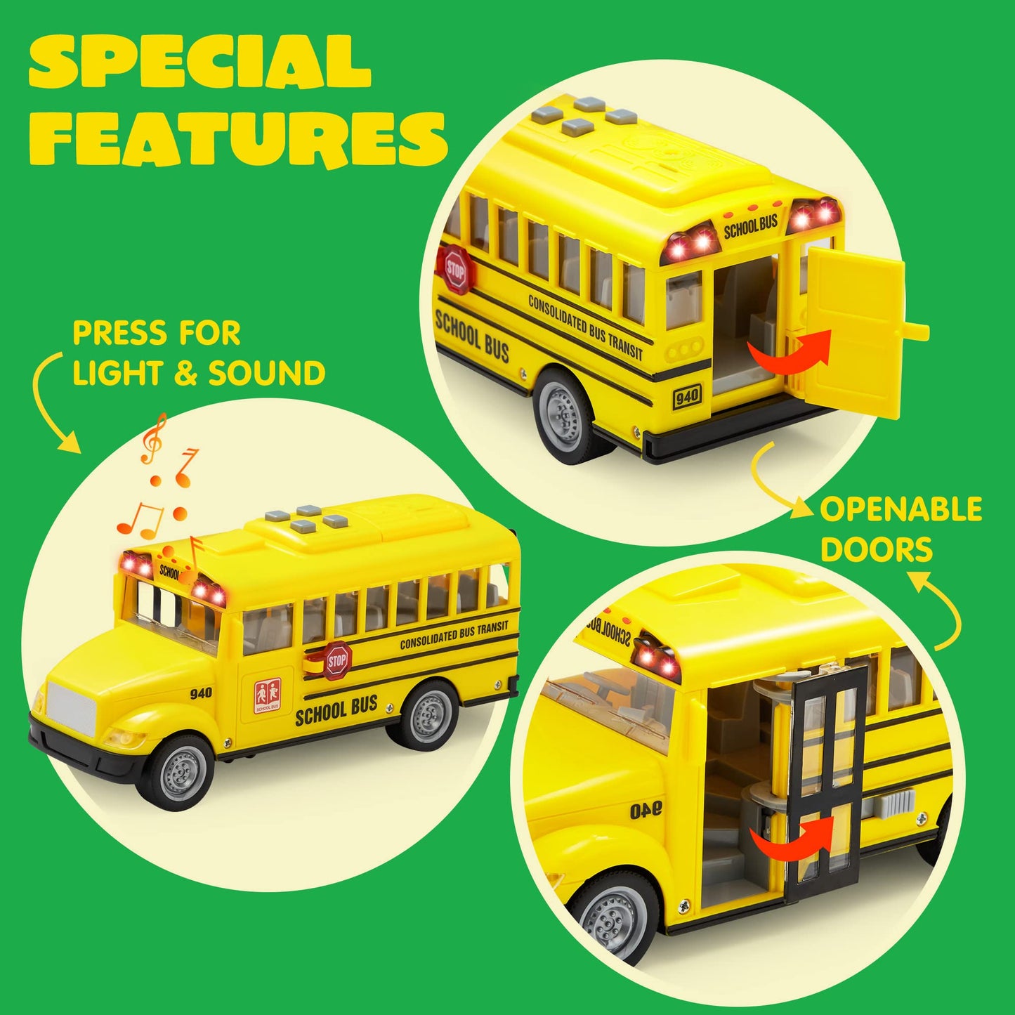JOYIN 4-Pc 7" Vehicle Toy Set for Toddlers with Lights & Siren – Police Car, School Bus, Garbage Truck, Ambulance – Birthday Gift for Boys 3-5