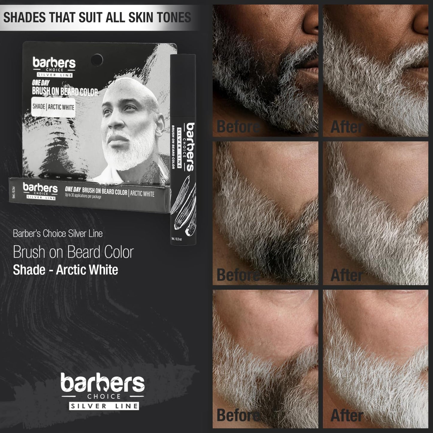 Barbers Choice Silver Line Facial Hair Color for Men – Brightens White Beards, Mustache & Sideburns, Reduces Yellow Tones, Easy Brush-On, Arctic White