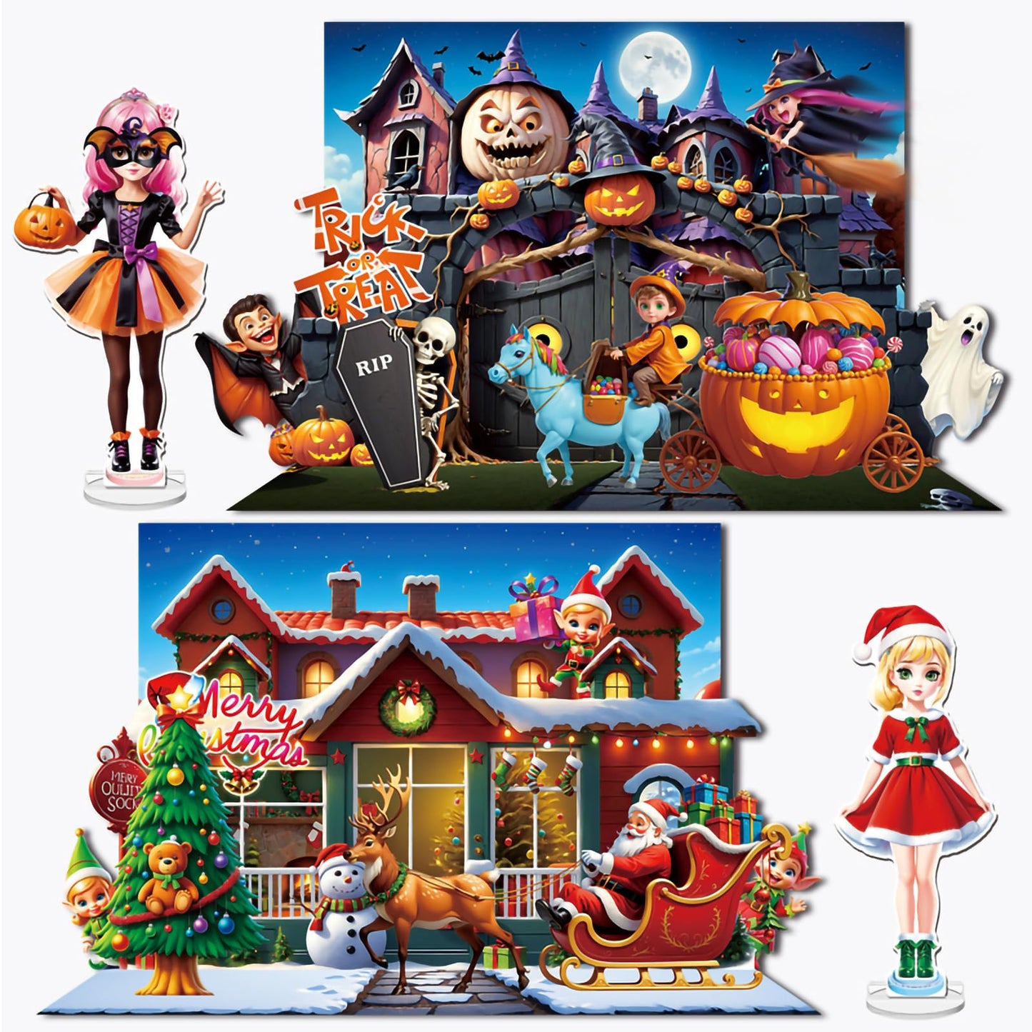 Halloween Magnetic Dress-Up Dolls for Kids – Witch & Pumpkin Fairy Costumes with 3D Haunted House Scene, Travel Toy Gift Ages 3-7