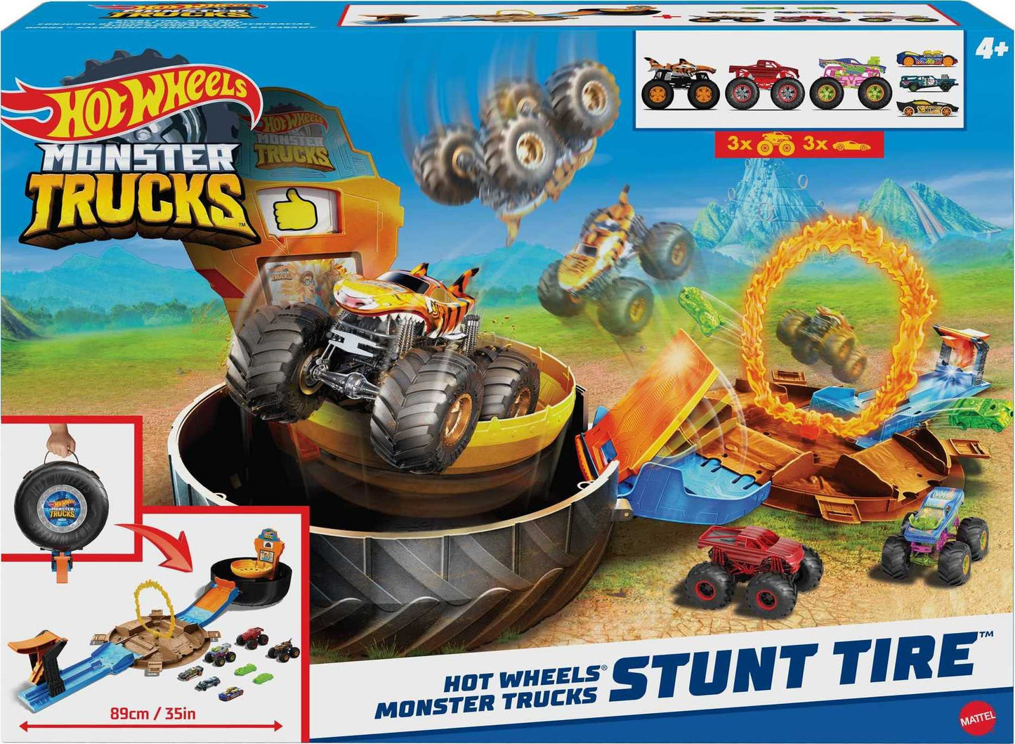 Hot Wheels Toy Monster Trucks Playset, Tire-Shaped Case Transforms into Race Course, 3 Trucks & 4 Cars in 1:64 Scale, Stunt Tire (Amazon Exclusive)