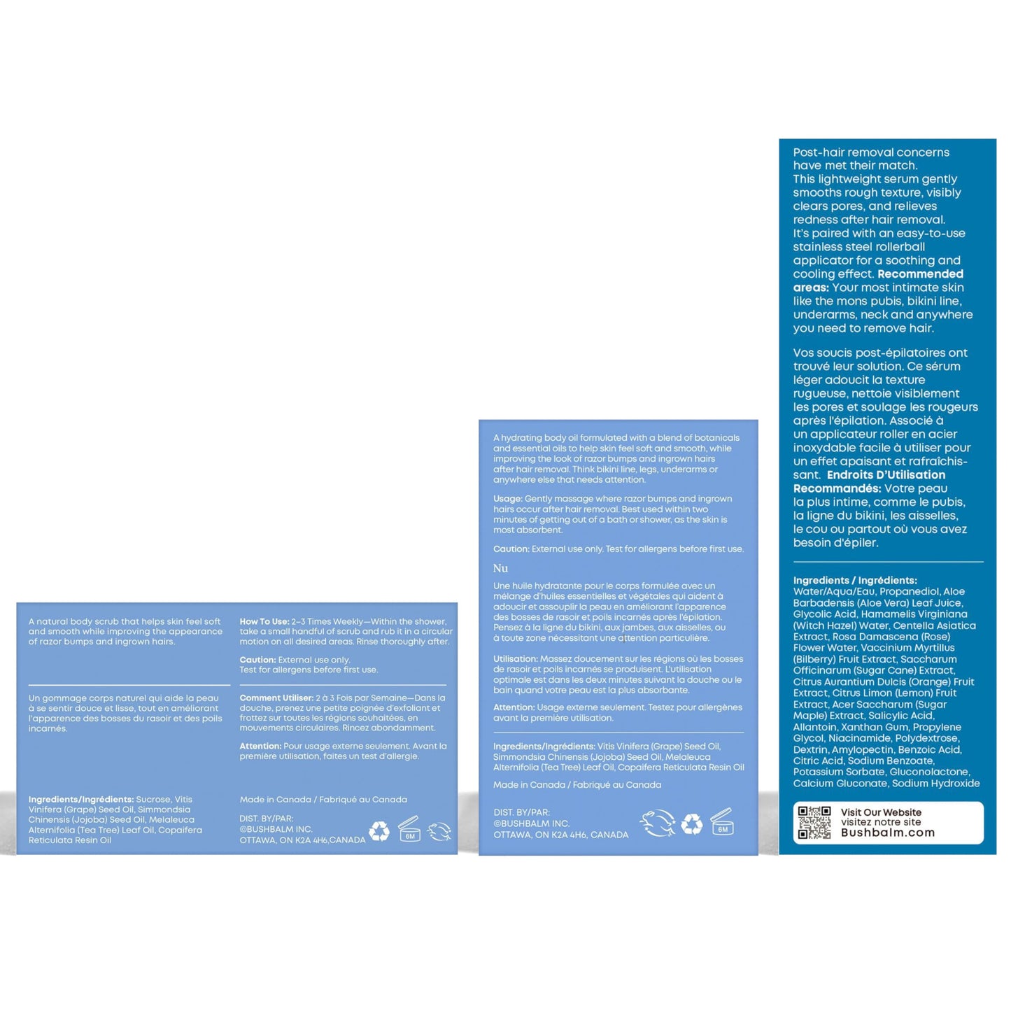 Bushbalm Ingrown Hair Trio Bundle – Roller Rescue, Nude Oil & Scrub with AHA/BHA, Exfoliating & Soothing for Razor Bumps