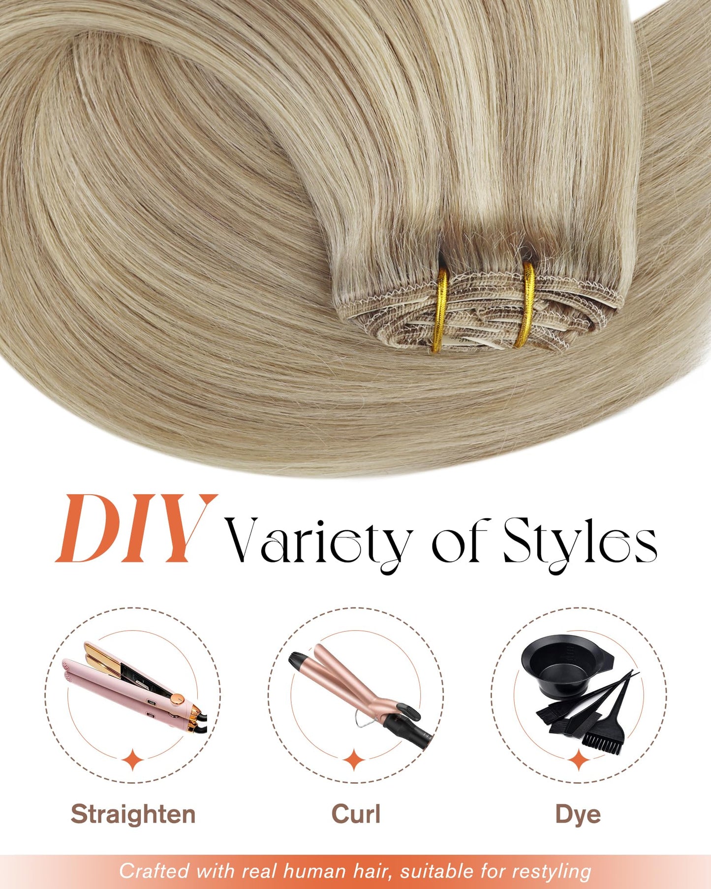 Sunny Clip-in Human Hair Extensions – 18" Straight Remy Real Hair, Golden Blonde with Light Blonde Highlights, Soft, Natural & Easy to Style