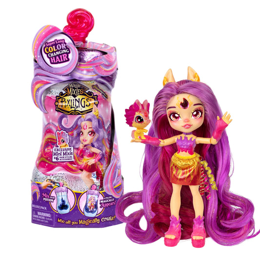 Magic Mixies Pixlings Deluxe Pack - Pippa the Firehorse, Shimmer Reveal 6.5" Pixling Doll with Exclusive Mini Mixies & 6 Hair Accessories