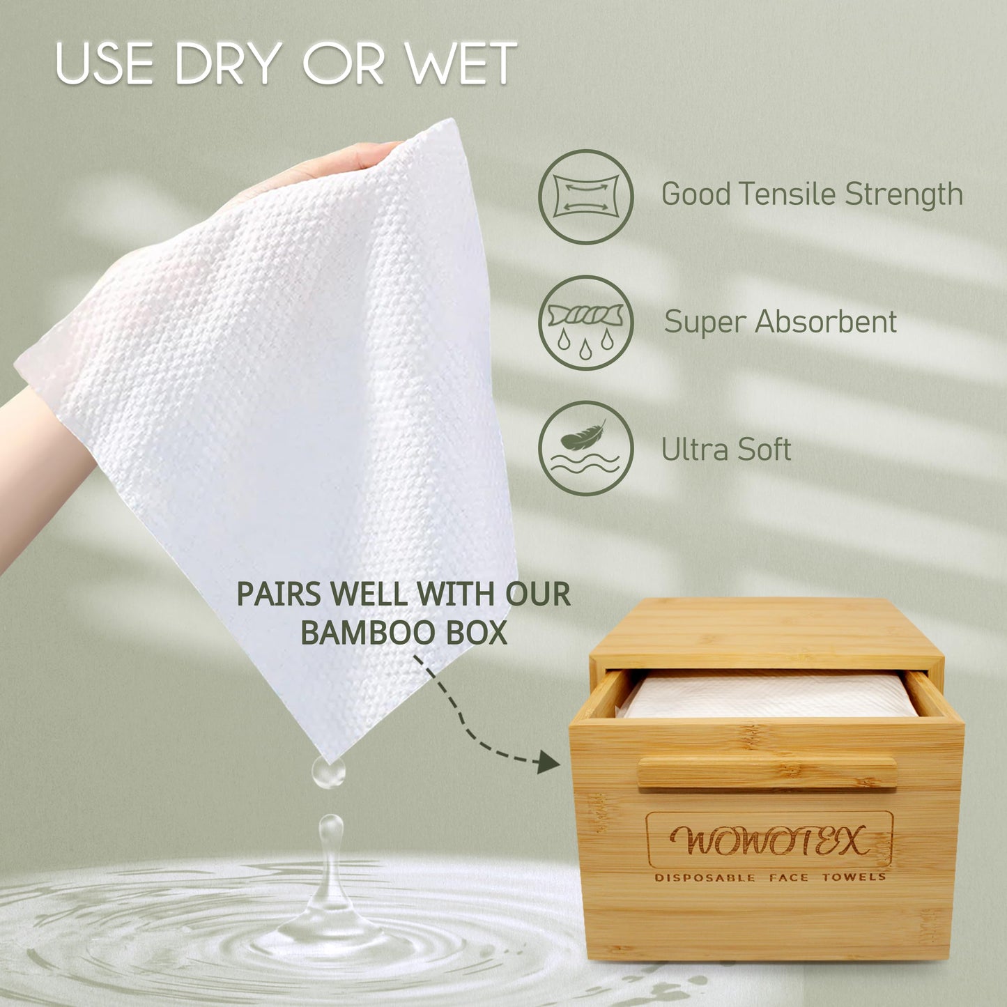 WOWOTEX Biodegradable Disposable Face Towels - 60 Large, Soft, Extra Thick Wipes for Sensitive Skin, Makeup Removal, Cleansing & Travel, 10×12"