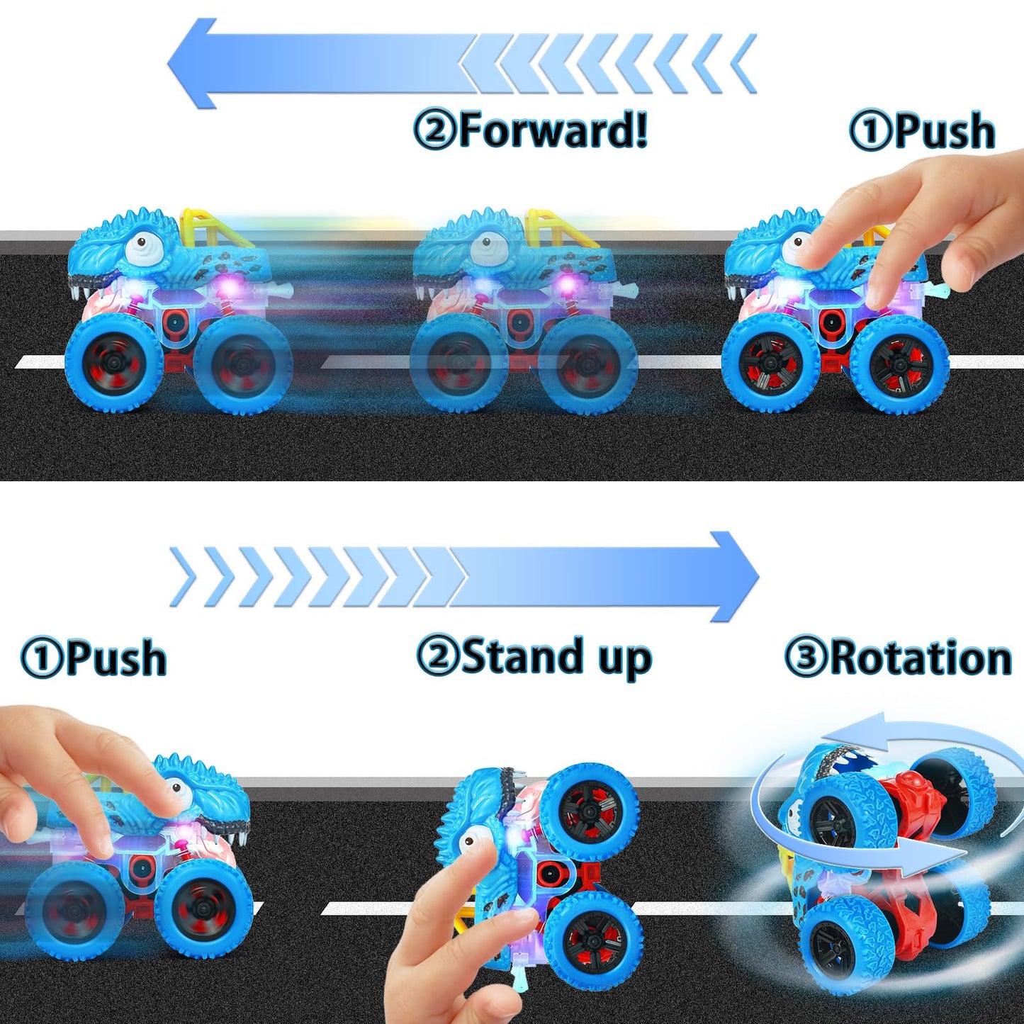 TQBYNJ Light-Up Dinosaur Monster Truck – Push & Go Friction Car Toy for Toddlers Boys & Girls Ages 2-6 – Birthday Easter Gift (Blue)