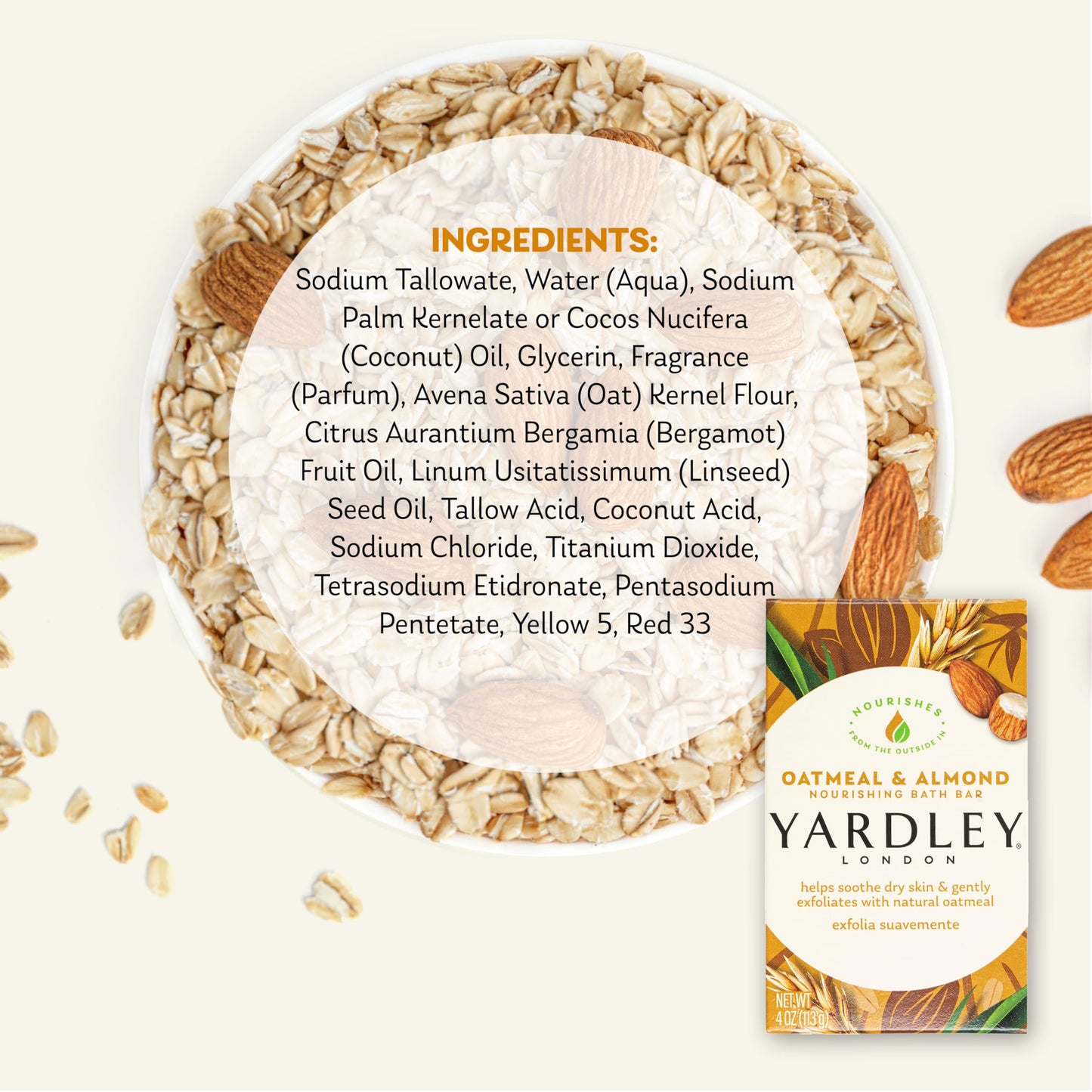 Yardley Oatmeal and Almond Bar Soap, Oatmeal & Almond, 4 Ounce