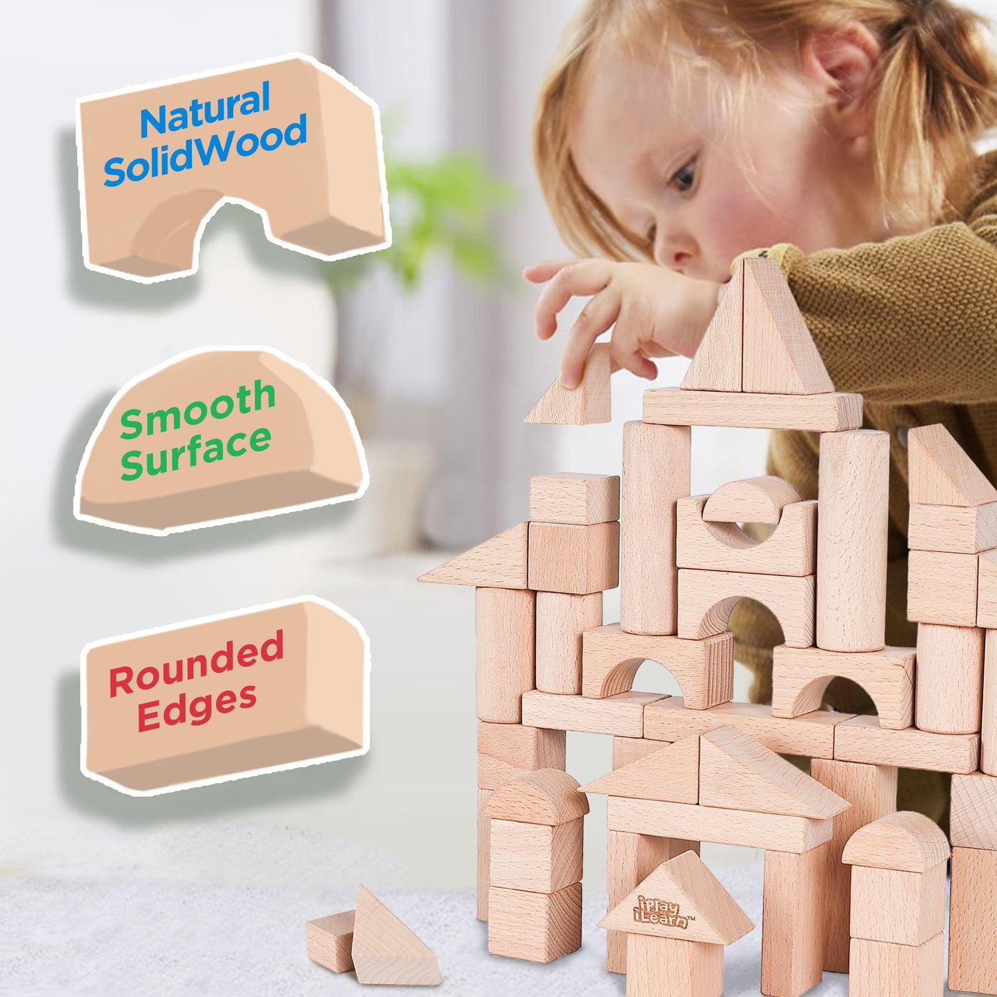 iPlay iLearn Wooden Building Blocks for Kids – Montessori Toddler Toy, Hardwood Stacking Bricks, Preschool Gift for Ages 2-8