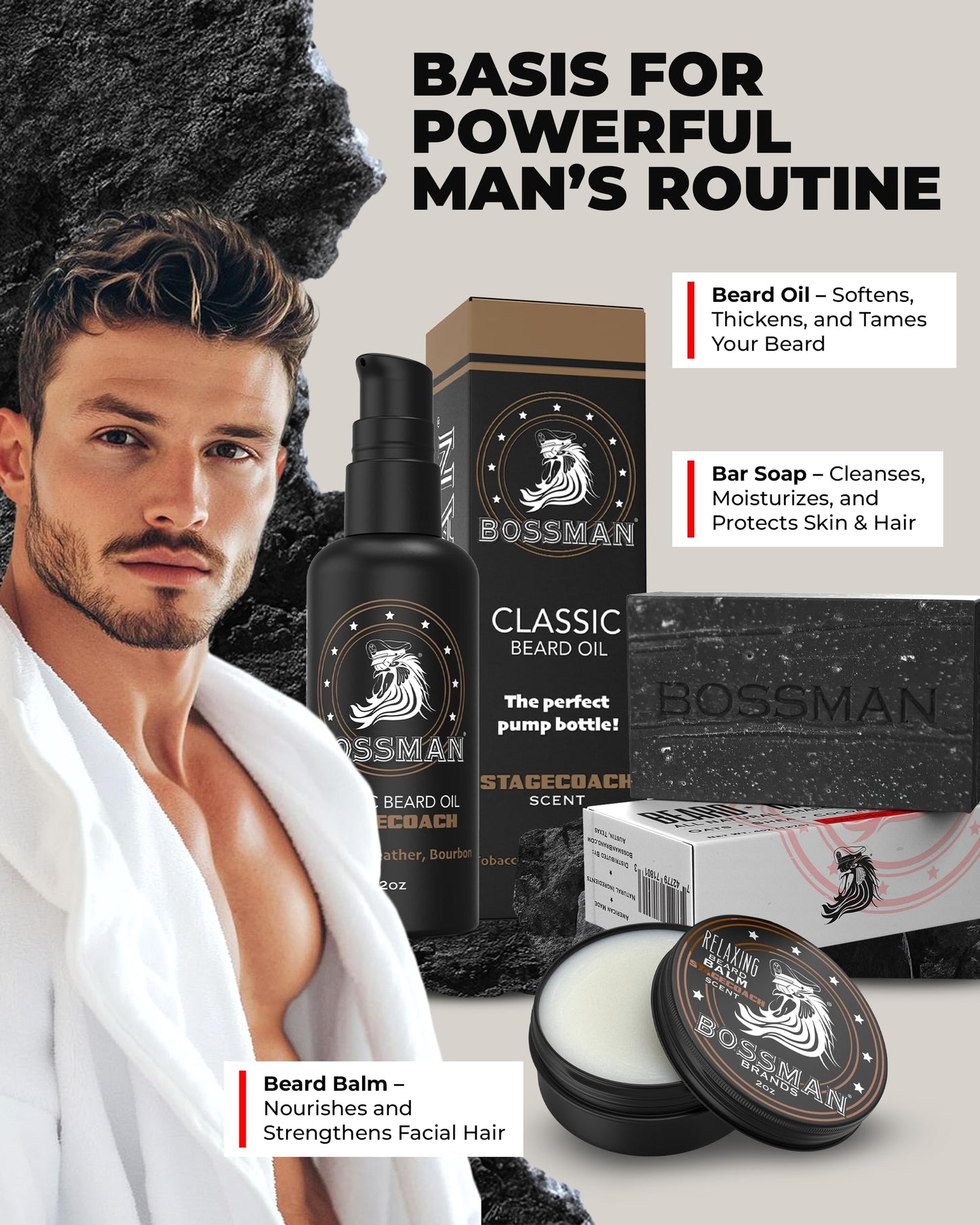 Bossman Starter Beard Kit for Men – Beard Oil (2 oz), Beard Balm & Bar Soap – Natural & Organic Grooming Kit – Made in the USA (Stagecoach Scent)