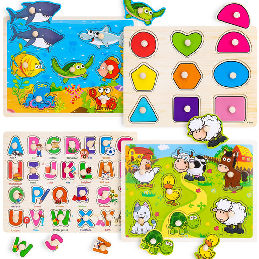 Collection of educational wooden puzzles for children with animal, alphabet, and shape designs.