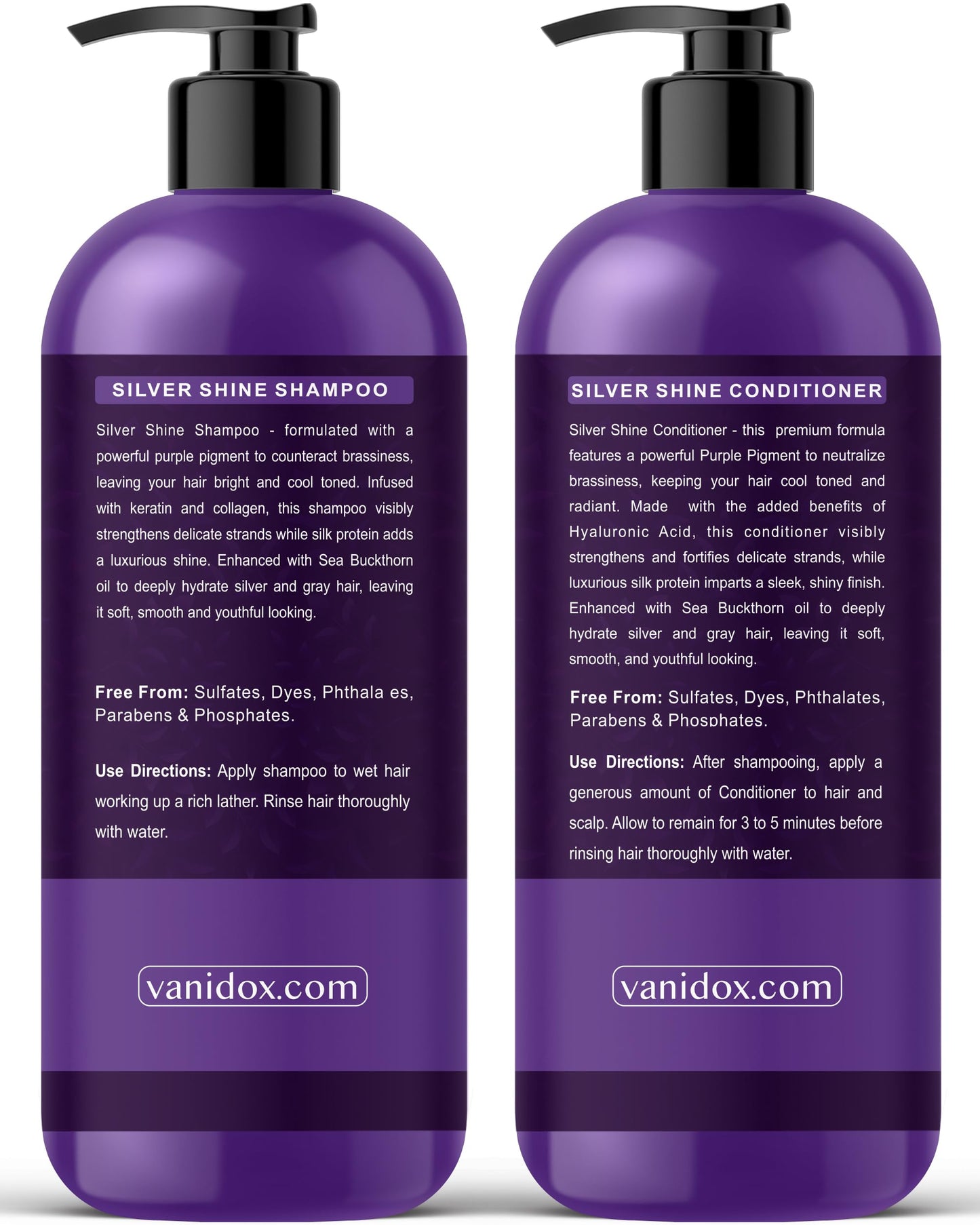 VANIDOX Purple Shampoo & Conditioner Set for Gray & Silver Hair, Sulfate-Free, Moisturizing, Color-Safe, Boosts Shine & Brightness, 16 fl oz Each
