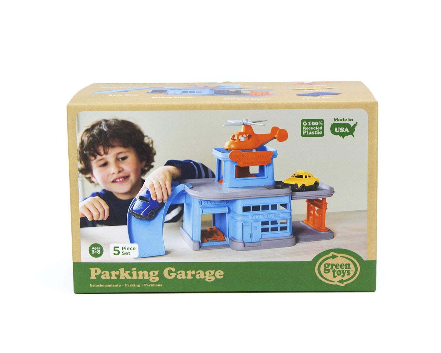 Green Toys 5-Piece Parking Garage Playset – Pretend Play, Motor Skills & Communication, BPA-Free, Dishwasher Safe, Recycled Plastic, USA