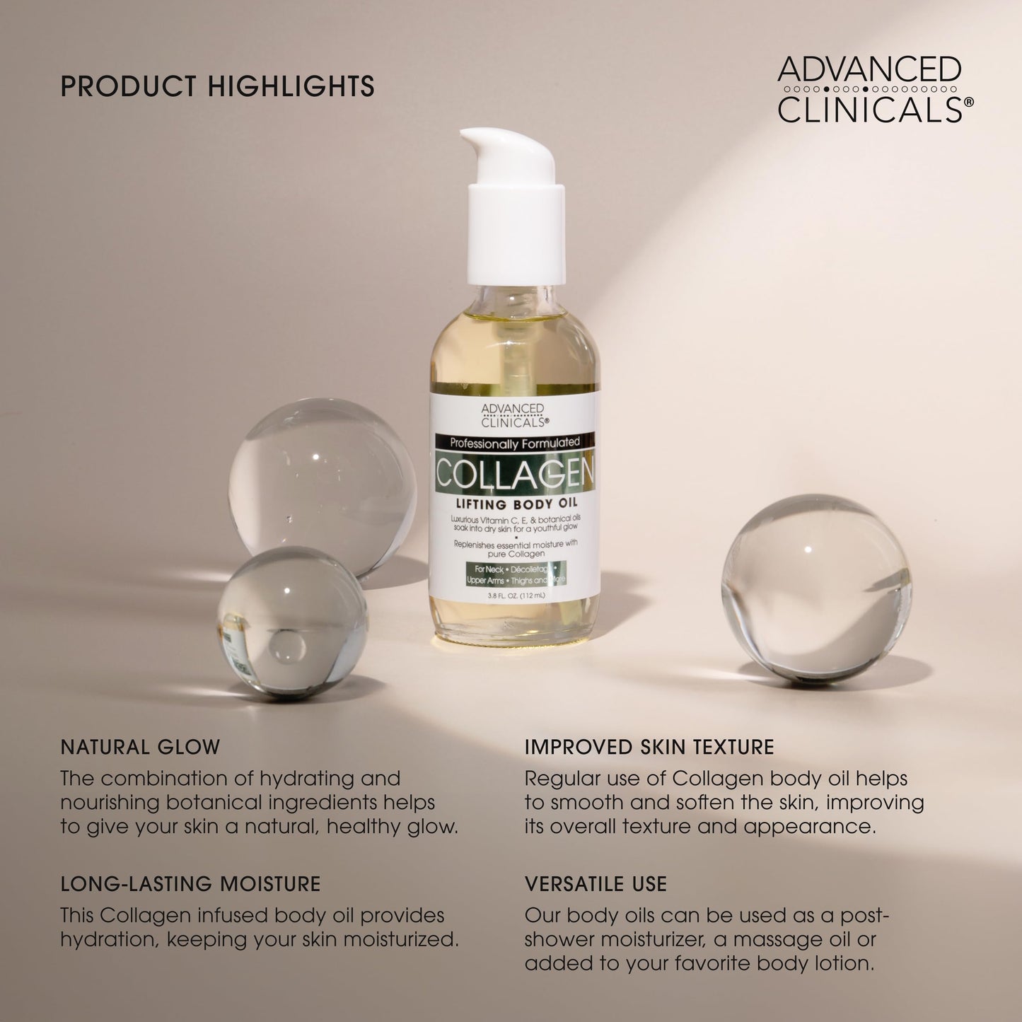 Advanced Clinicals Hydrating Collagen Body Oil – Anti-Aging Moisturizer for Women & Men, Softens Wrinkles & Crepe Skin, 3.8 fl oz