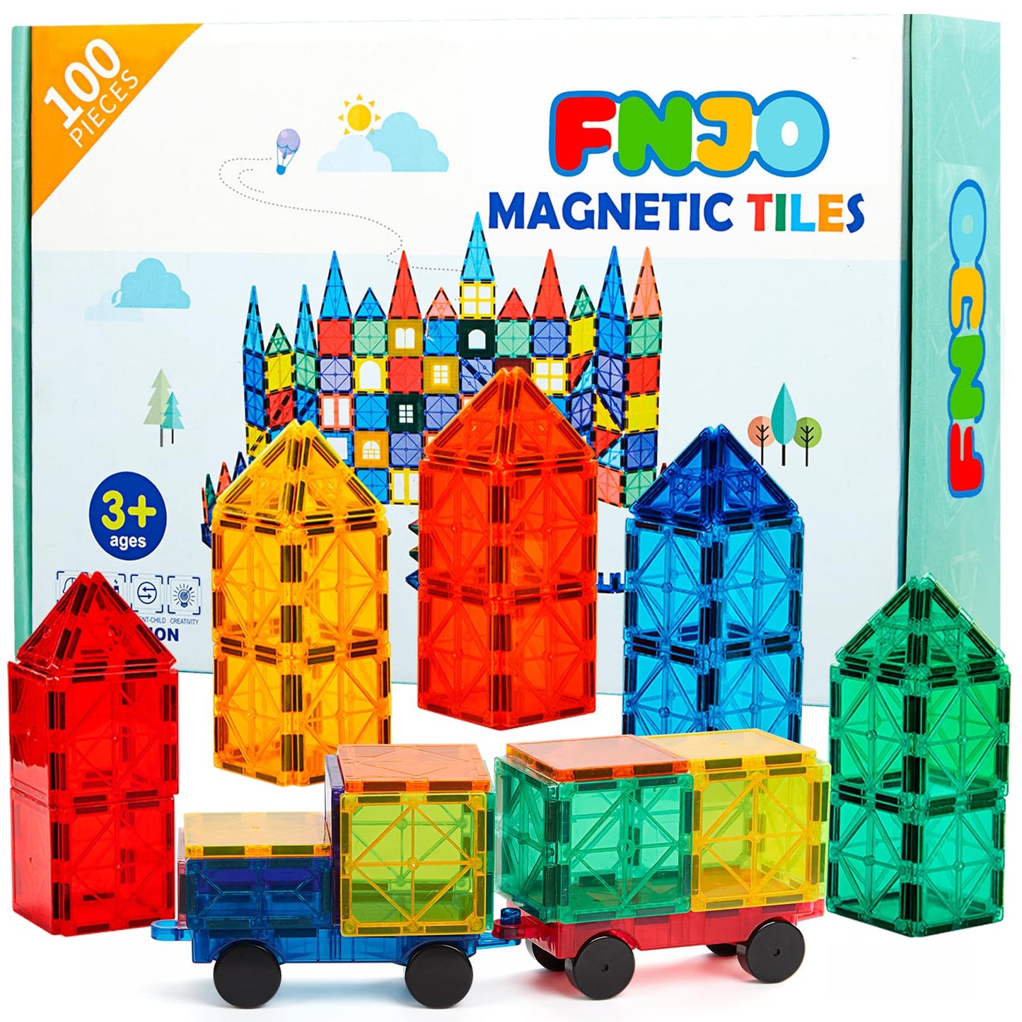 FNJO 100PCS Magnetic Tiles Building Set – STEM Construction Blocks for Preschool, Kindergarten, Classroom, Teacher Supplies, Stacking Toy