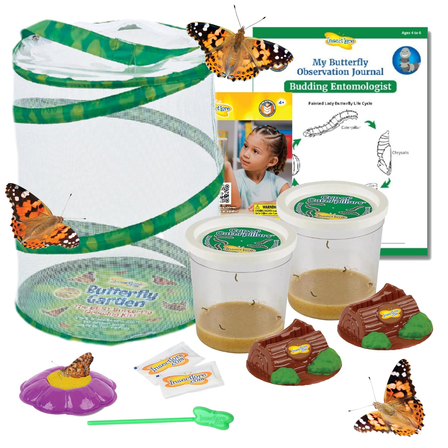 Insect Lore Butterfly Garden Kit – 10 Live Caterpillars, Habitat, STEM Journal, Feeder & Chrysalis Logs – Grow & Release Painted Lady Butterflies