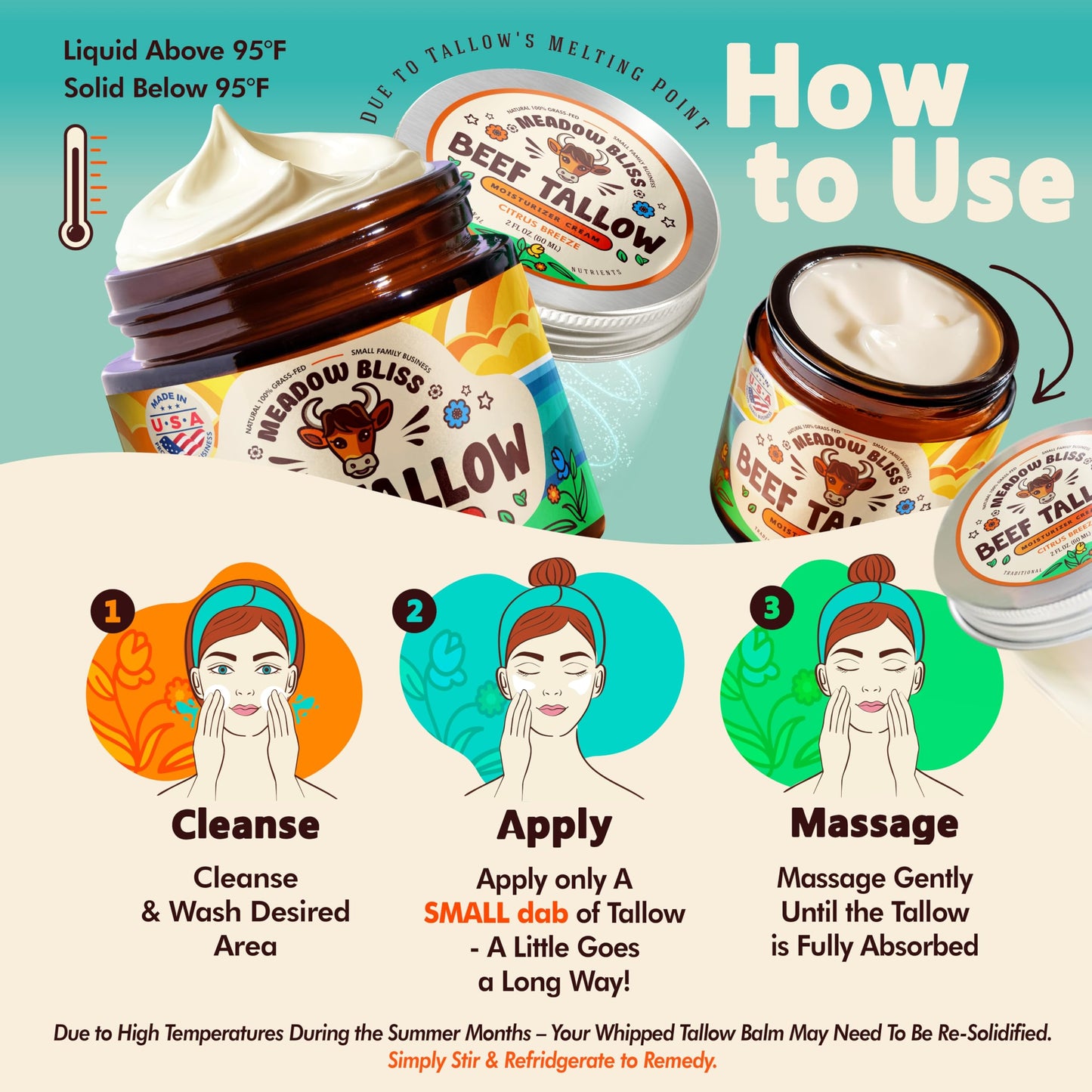 Meadow Bliss Whipped Beef Tallow Cream 2oz – 100% Grass-Fed, Organic Shea & Jojoba, Moisturizer for Eczema & Rosacea, Citrus Breeze