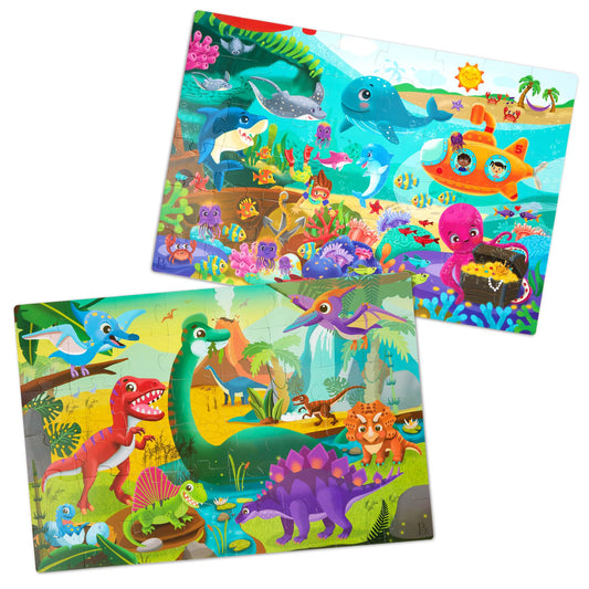 B. toys Gigantic 2-Pack Floor Puzzle – Sea & Dinosaur 48-Piece Jigsaw for Kids, 2x3 Ft Large Educational Puzzle for Toddlers 3+