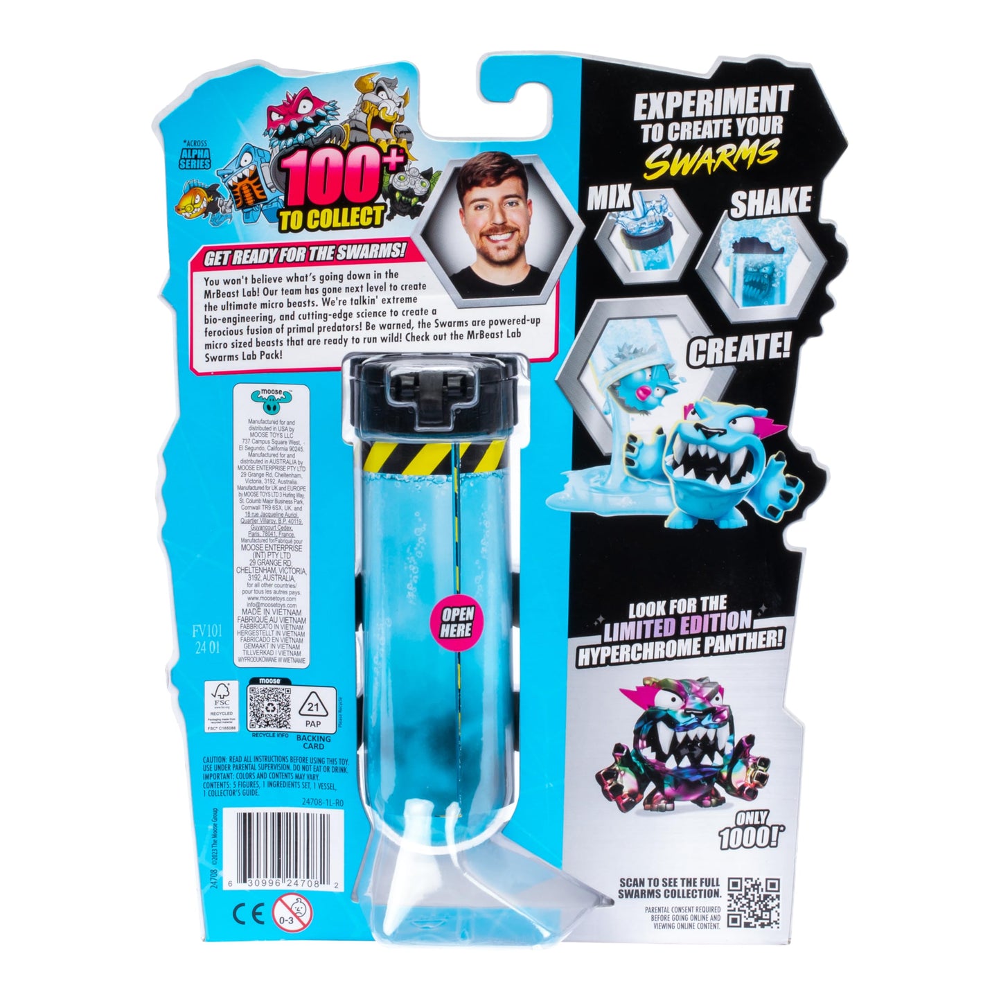 MrBeast Lab Swarms Lab Pack – 5 PK 1" Collectible Figures, Experiment with Water & Shake Test Tube, 100+ to Collect, Limited Hyperchrome Panther