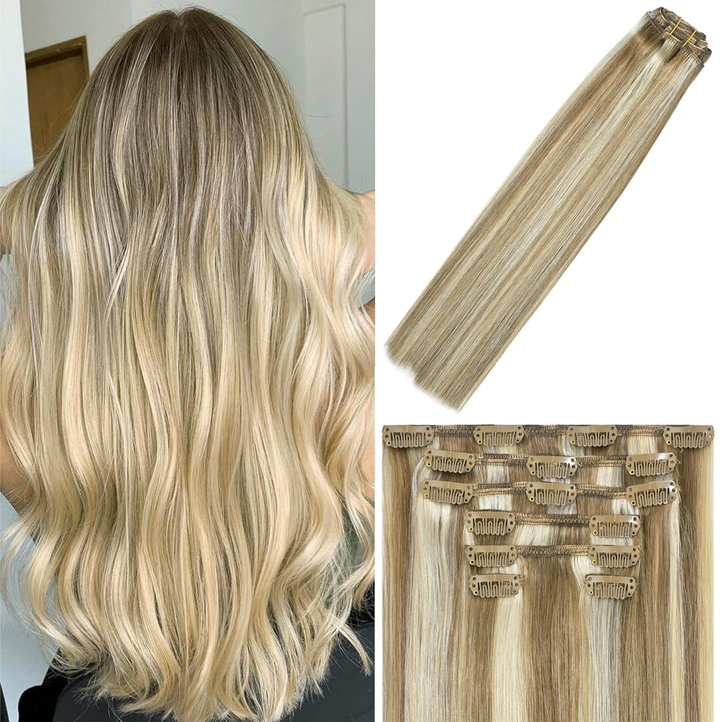 WindTouch Real Human Hair Clip-in Extensions 15” 75g 7PCS – Balayage Mixed Bleach Blonde Highlights, Straight Hair Extensions for Women