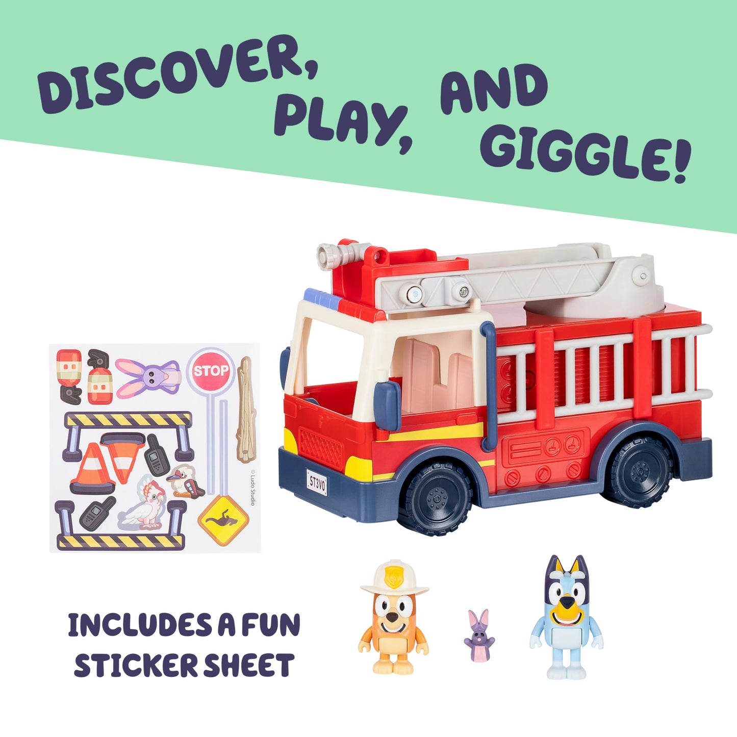 Bluey Firetruck Toy with Firefighter Bingo, Bob Bilby Figures | Extendable Ladder & Hose | Includes Stickers - Perfect for Kids Ages 3+