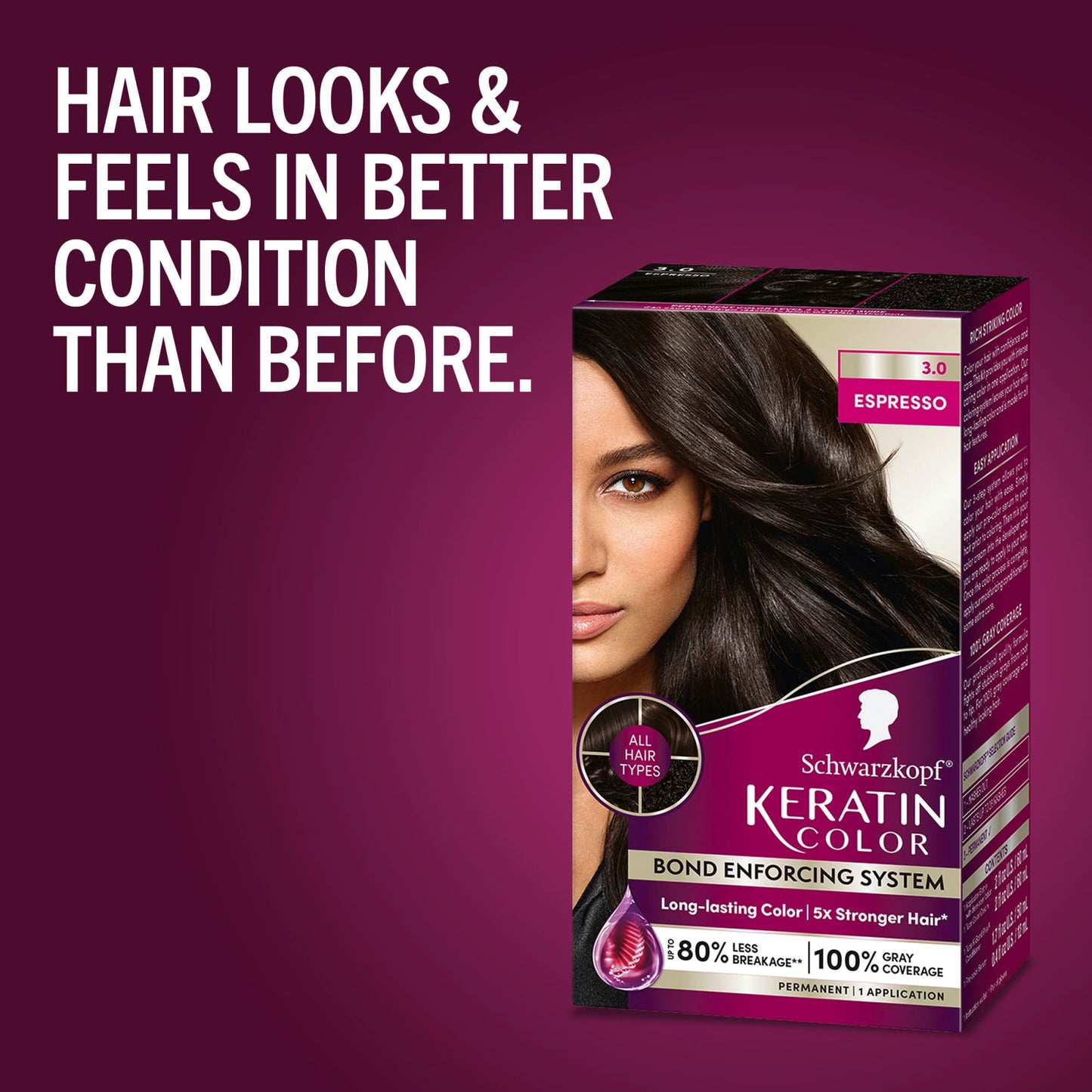 Schwarzkopf Keratin Color Permanent Hair Dye Cream 3.0 Espresso | 100% Gray Coverage | Professional Bond Enforcing System