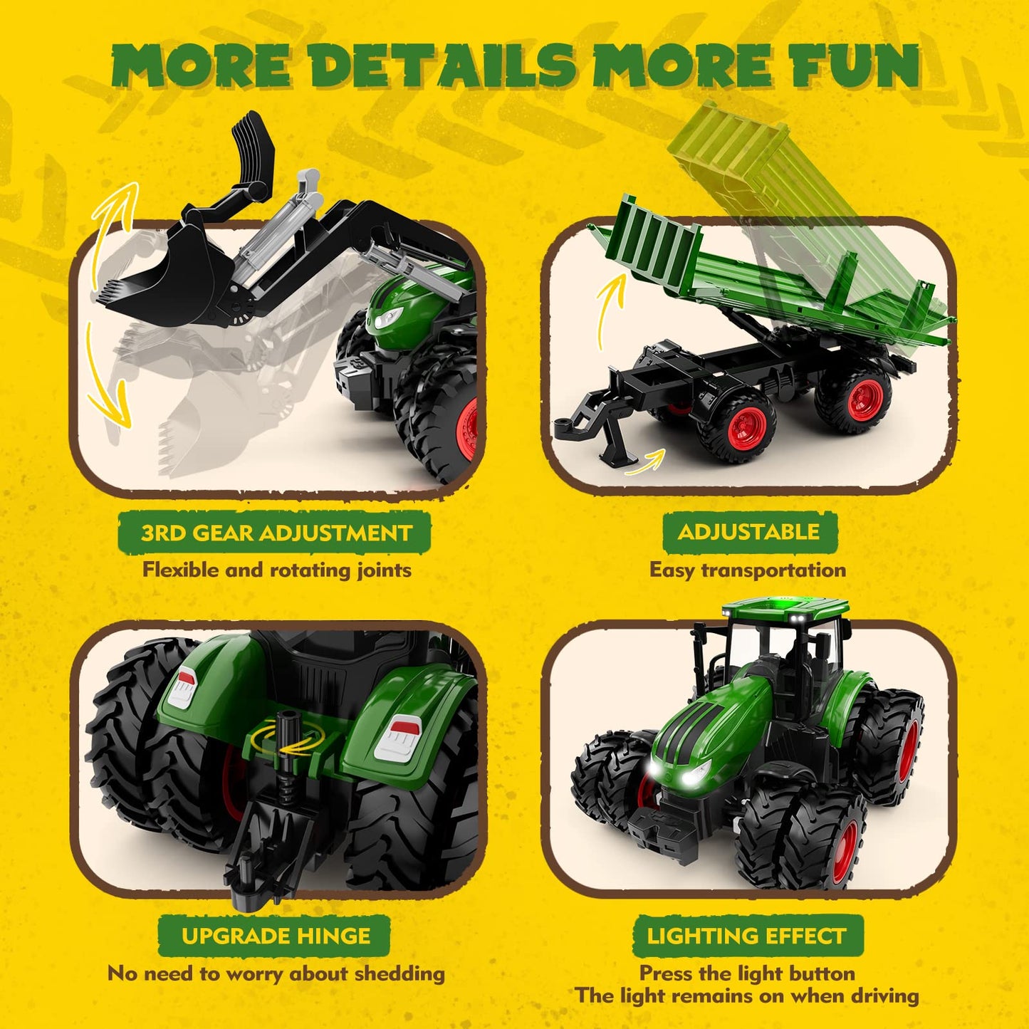 Uarzt RC Tractor Toy Set with Truck, Trailer & Front Loader, Metal 8-Wheel Vehicle with Lights – Farm Toy for Kids 3-9 Years Birthday Gift