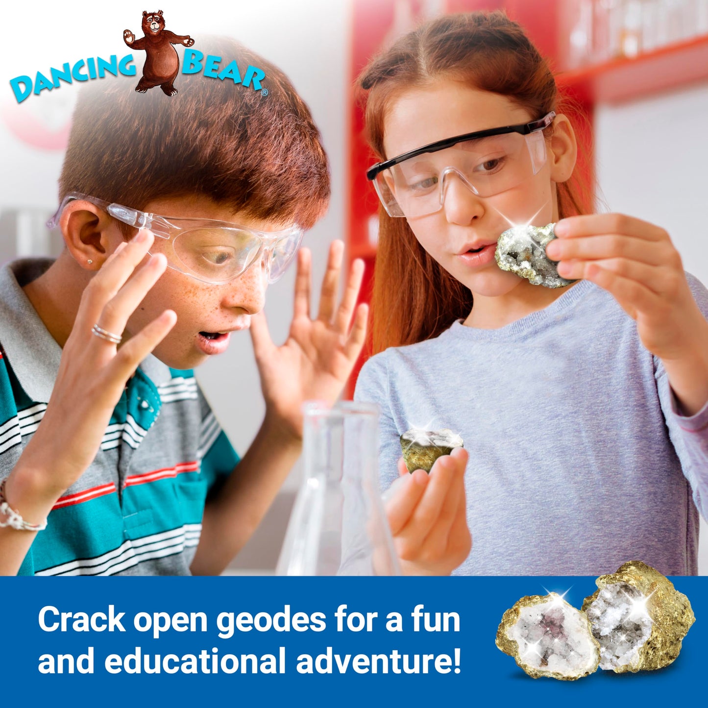 DANCING BEAR 25 Medium Geodes 1–1.5" – 90% Hollow, Break to Discover Crystals Inside! Includes Educational Info, Party Favors & Prizes