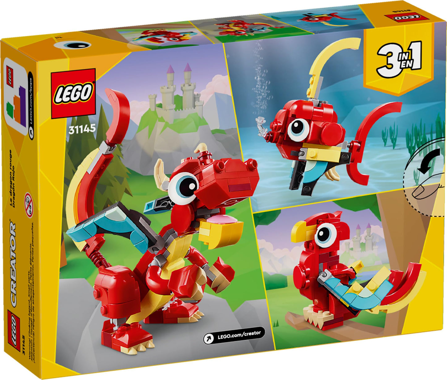 LEGO Creator 3-in-1 Red Dragon 31145 Toy – Transforms to Dragon, Fish & Phoenix, Fun Building Set for Kids 6+, Gift for Boys & Girls
